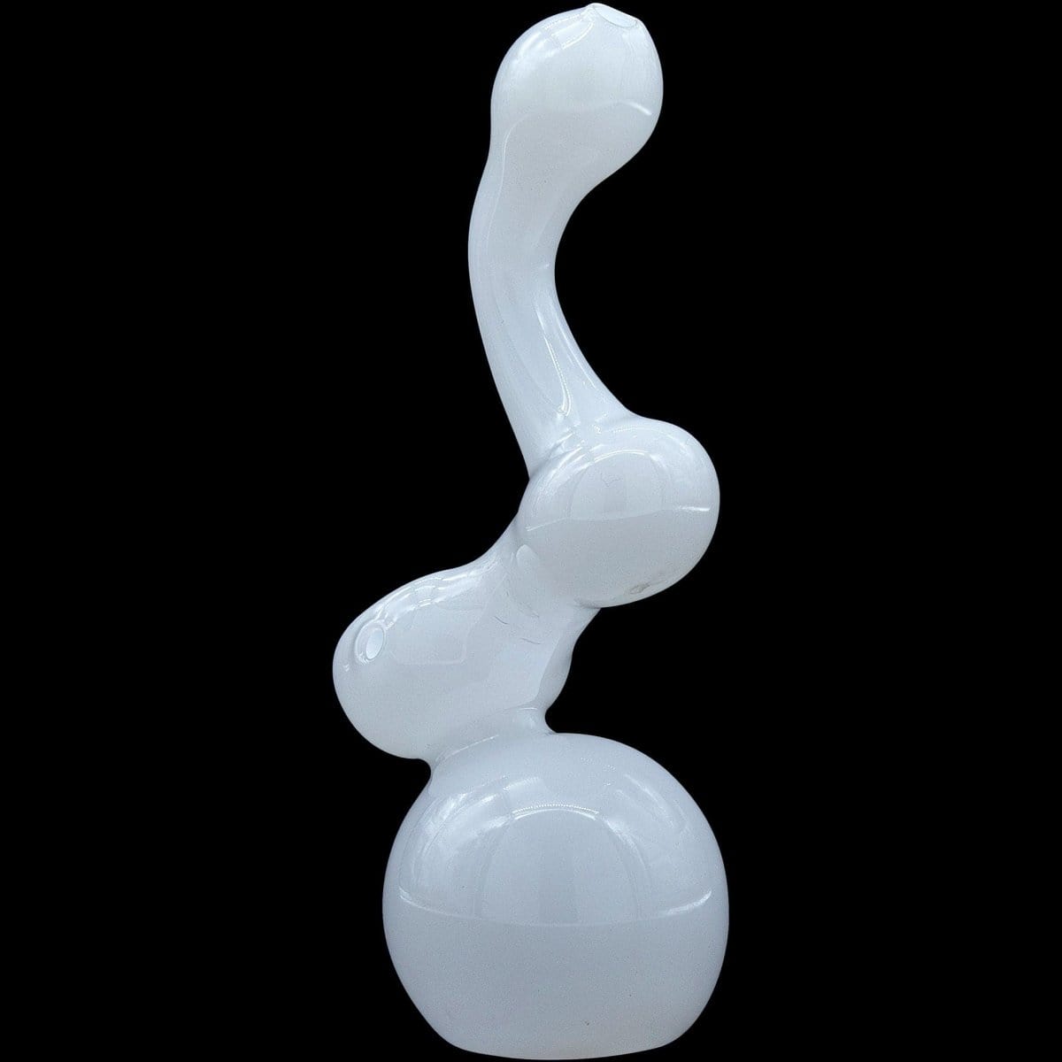 A side view of the “Ivory Sherlock” Glass Sherlock Bubbler Pipe, showcasing its curved form and clear glass construction.