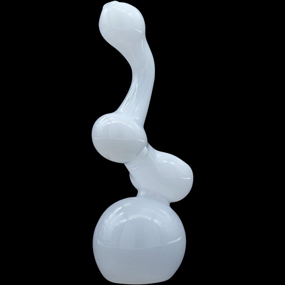 Front view of the “Ivory Sherlock” Glass Sherlock Bubbler Pipe, showcasing its curved form against a plain black background.