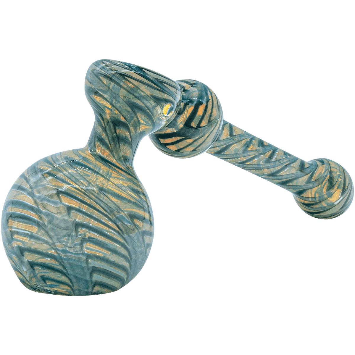 A detailed side view of the “Full Rake” Fumed Hammer Bubbler Pipe, showcasing its colorful glass and curved design.