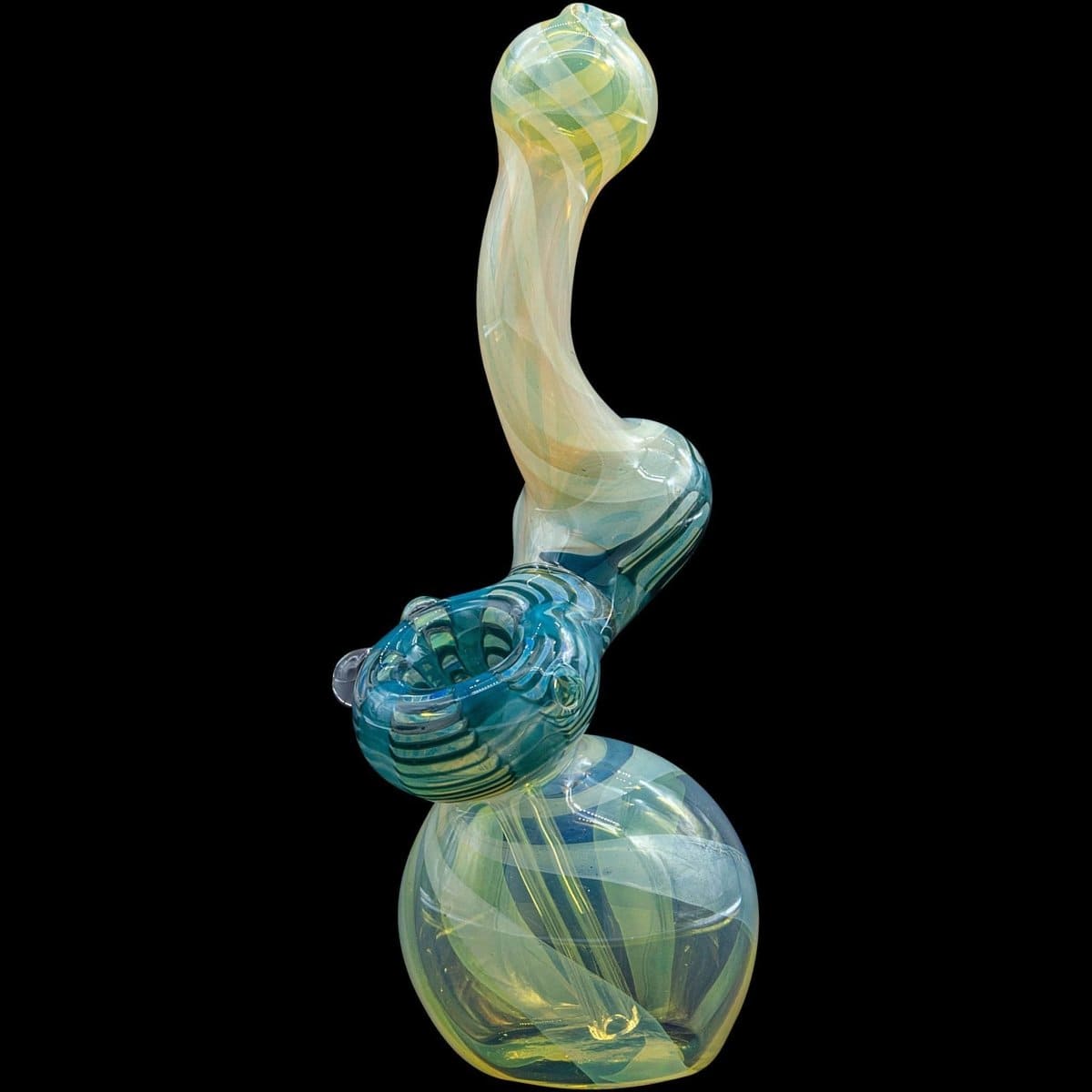 A three-quarter view of the “Rake Bubb” Fumed Sherlock Bubbler Pipe, showcasing its curved form and colorful glasswork against a dark background.
