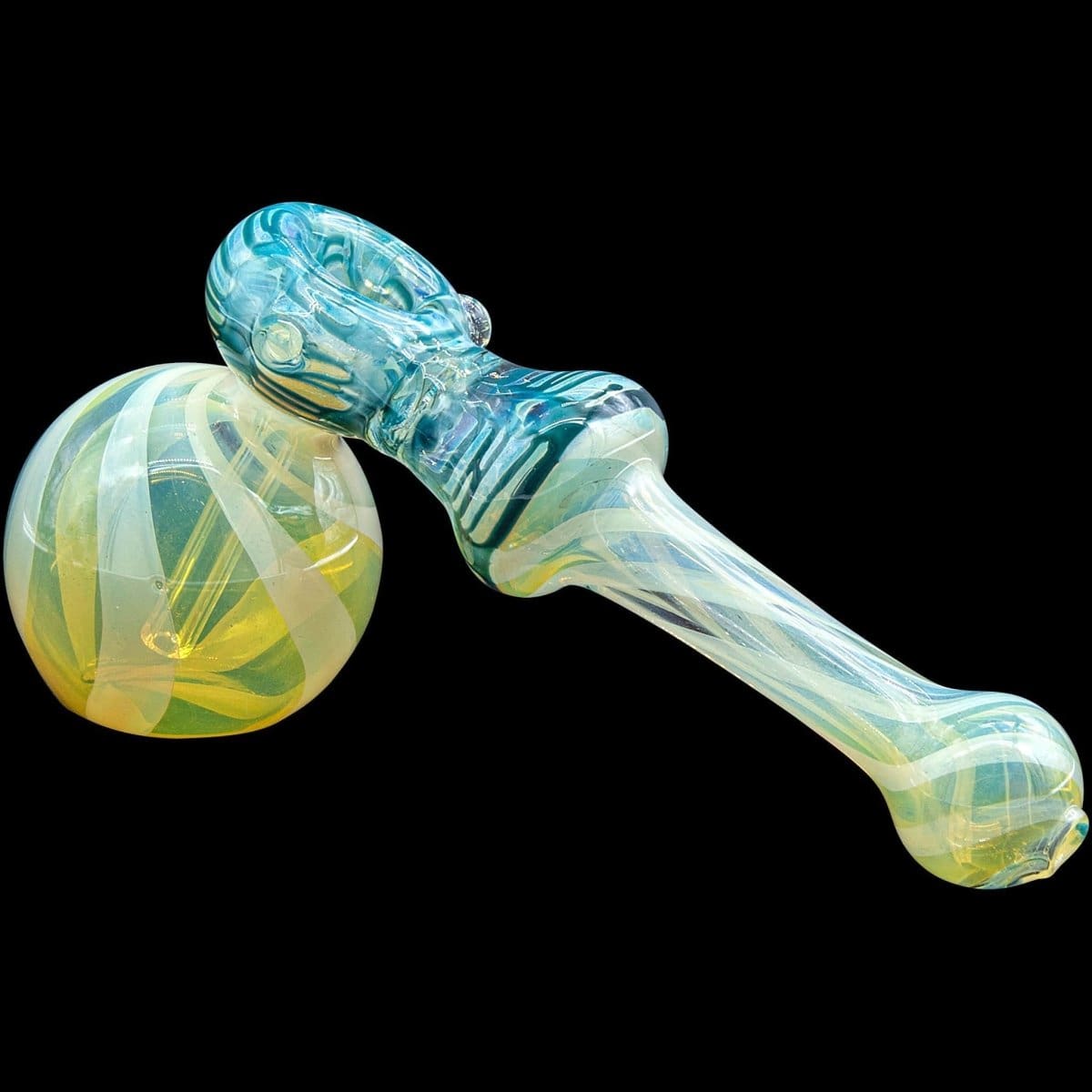 A studio shot of the “Raked Hammer” Fumed Hammer Bubbler Pipe, displaying its colorful, raked glass design from a slight above angle.
