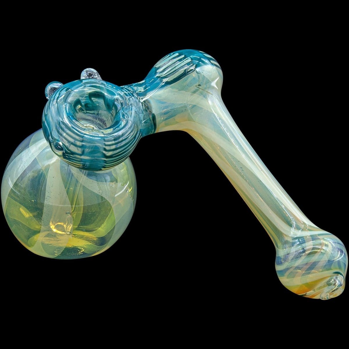 A three-quarter view of the “Raked Sidecar” Fumed Sidecar Bubbler Pipe, showcasing its vibrant, swirling glass coloration.