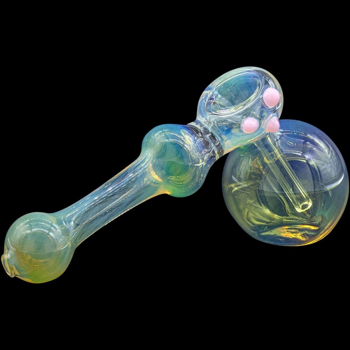 A slightly angled view of the “Silver Hammer” Fumed Hammer Bubbler Pipe, featuring colorful glass swirls and a visible smoke chamber.