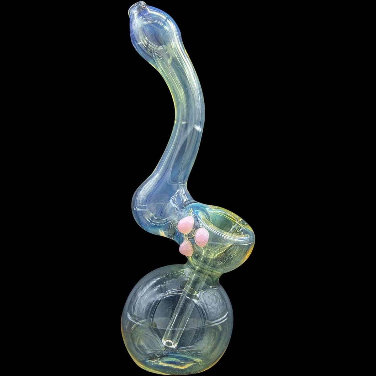 A side view of the “Silver Sherlock” Fumed Sherlock Bubbler Pipe displaying a colorful, fumed glass design.