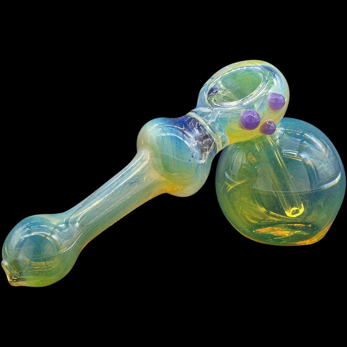 A vibrant, angled view of the “Silver Hammer” Fumed Hammer Bubbler Pipe, showcasing its colorful glass and unique bulbous shape.