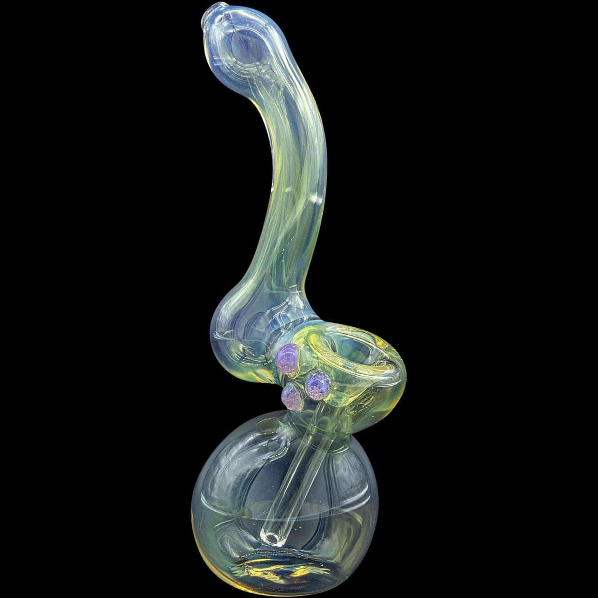 A side view of the “Silver Sherlock” Fumed Sherlock Bubbler Pipe, showcasing its colorful glass and curved design.