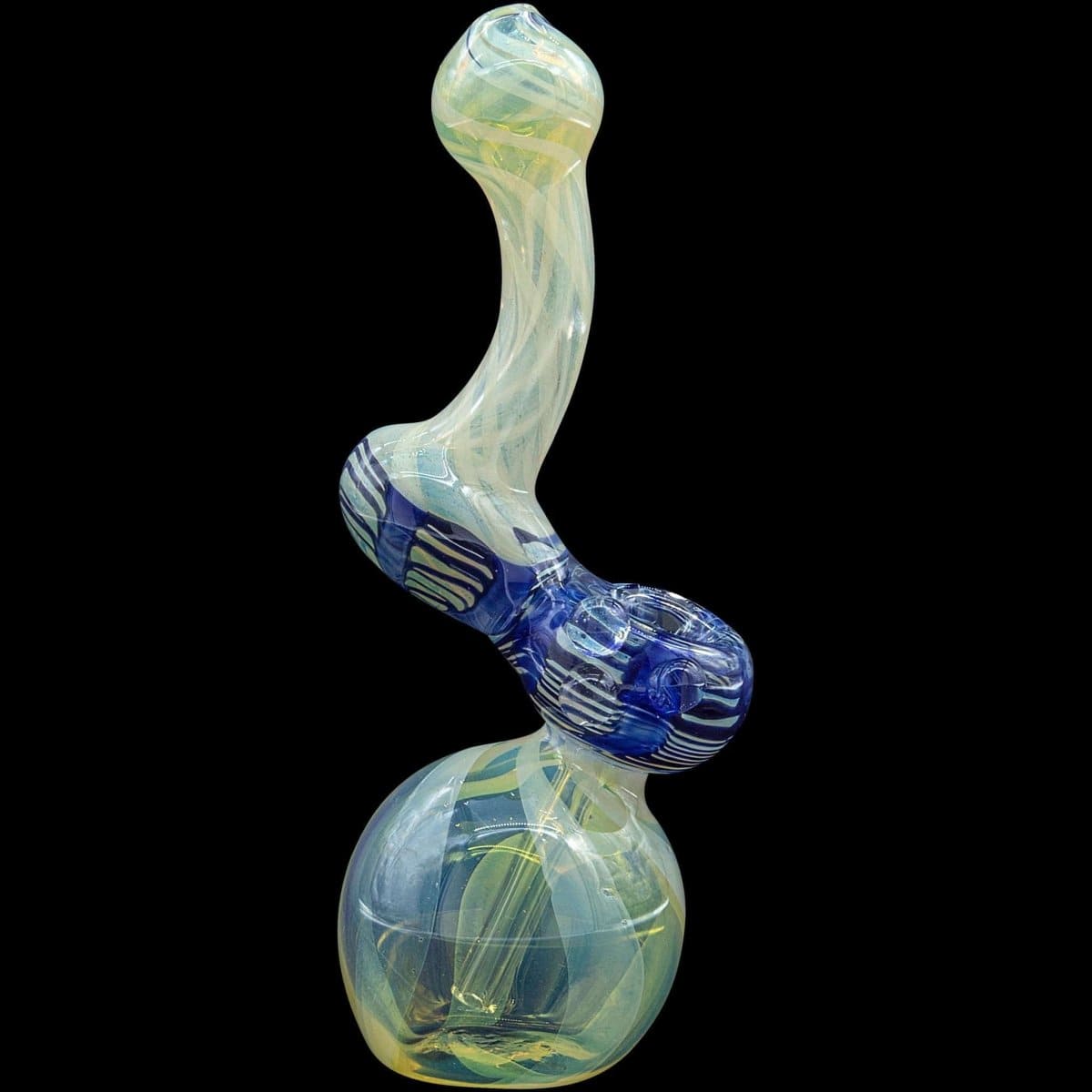 Front view of the “Rake Bubb” Fumed Sherlock Bubbler Pipe, showcasing its curved form and iridescent coloring against a dark background.