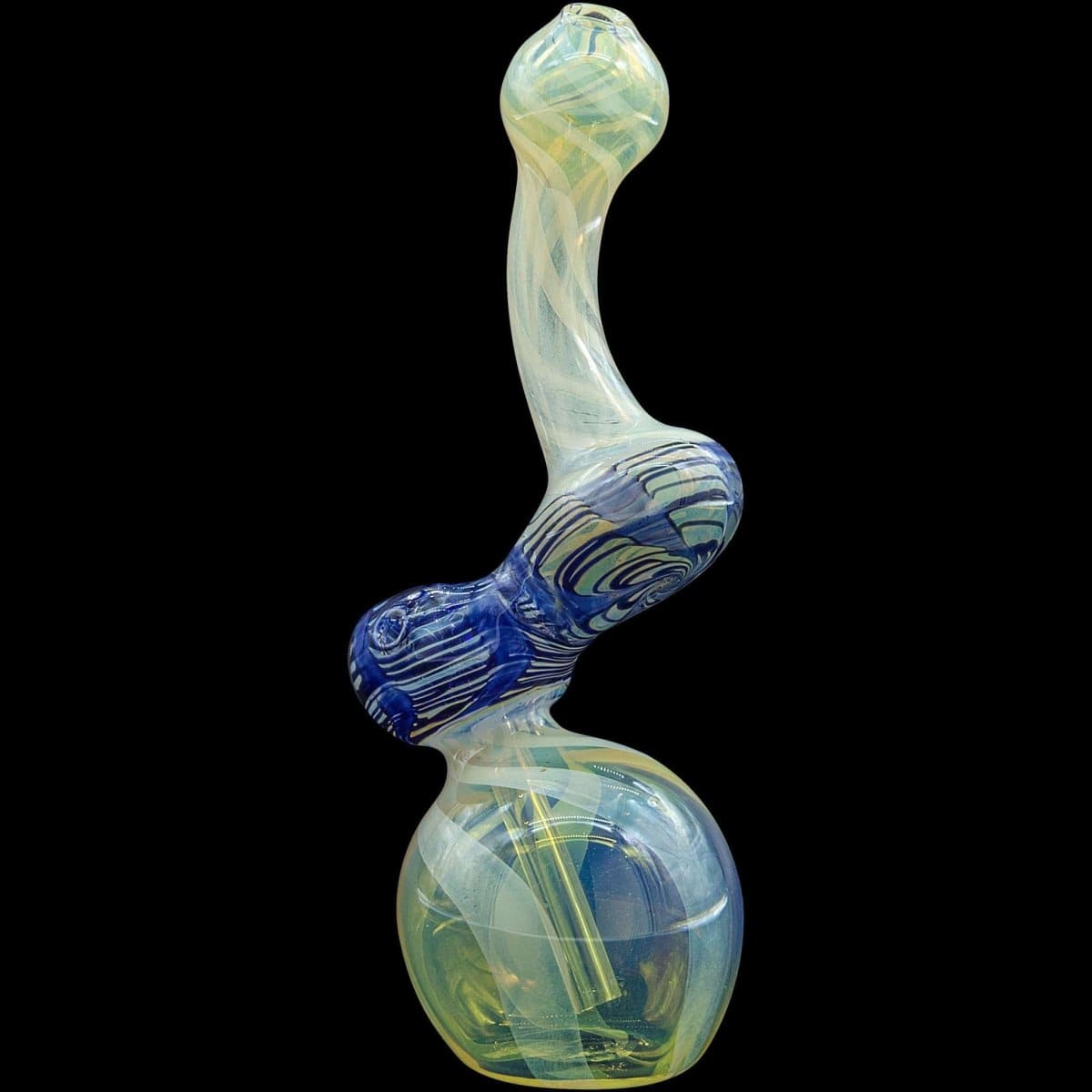 A front view of the “Rake Bubb” Fumed Sherlock Bubbler Pipe, showcasing its colorful, curved design against a dark background.