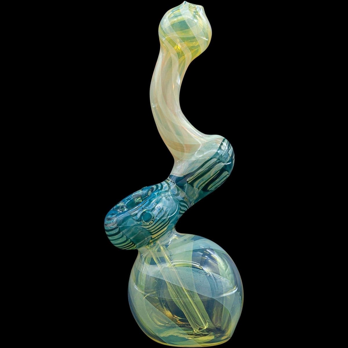 A front view of the “Rake Bubb” Fumed Sherlock Bubbler Pipe with swirling, colorful glass and a unique curved design.