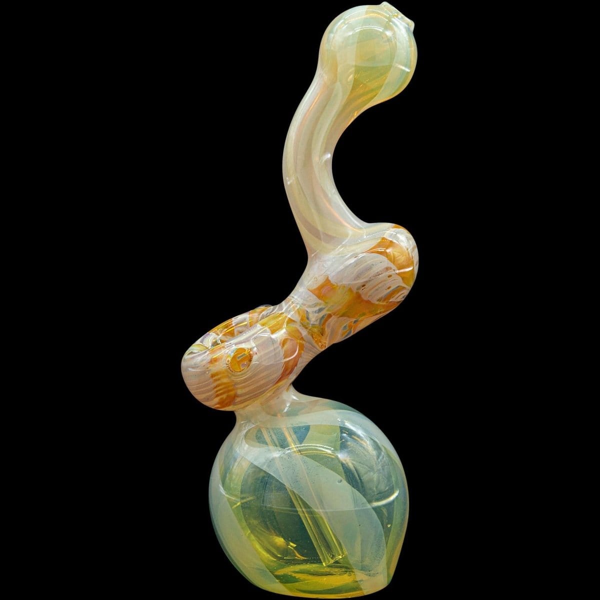 A front view of the “Rake Bubb” Fumed Sherlock Bubbler Pipe, showcasing its curved form and light coloration against a dark background.