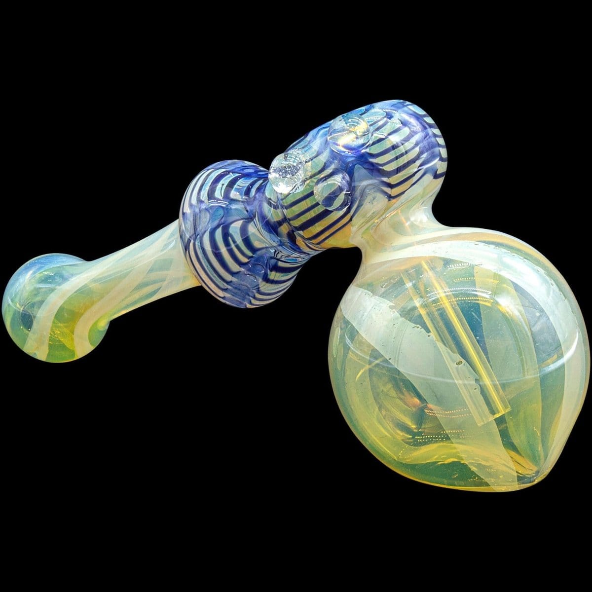 A side view of the “Raked Hammer” Fumed Hammer Bubbler Pipe, showcasing colorful blue and green swirls in the glass.