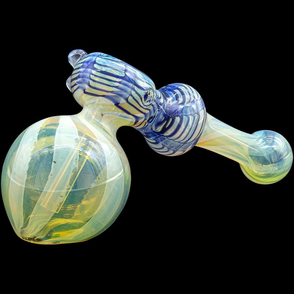 A detailed side view of the “Raked Hammer” Fumed Hammer Bubbler Pipe showcases its colorful glass and unique hammer shape.