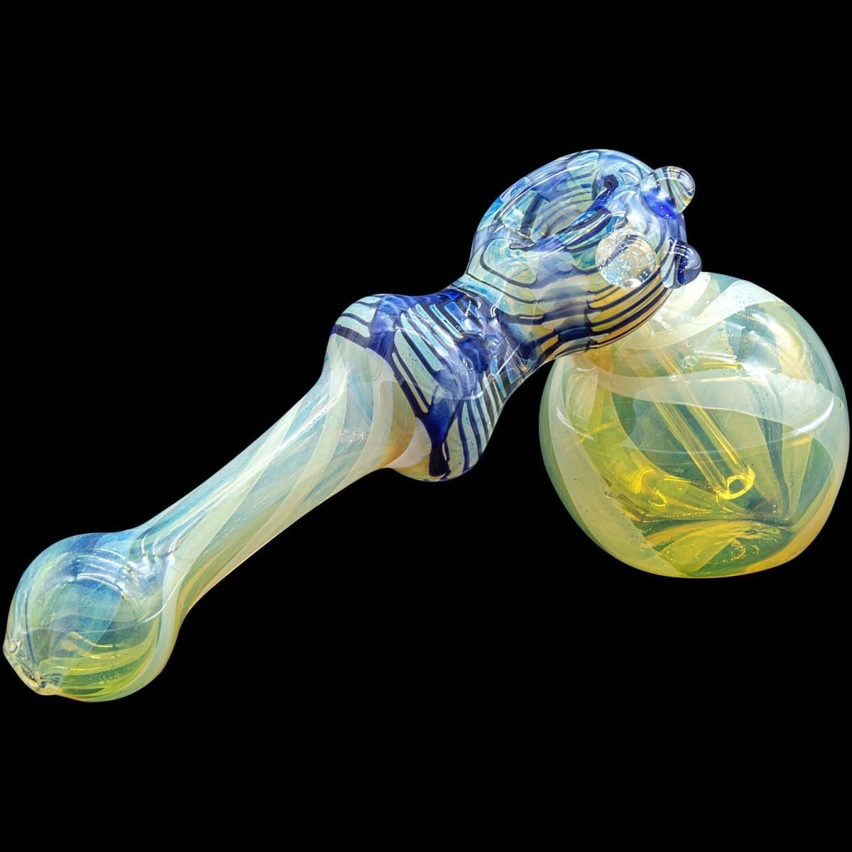 A studio shot of the “Raked Hammer” Fumed Hammer Bubbler Pipe, showcasing its colorful glass form from a slightly angled, front view.