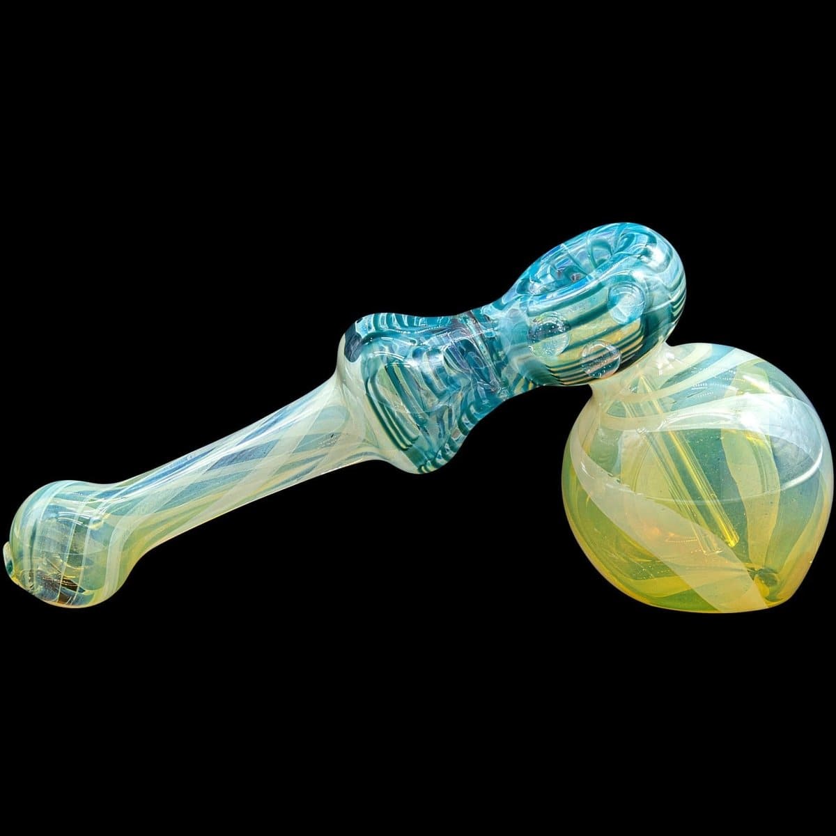 A studio shot of the “Raked Hammer” Fumed Hammer Bubbler Pipe, displaying its colorful glass swirl design from a side view.