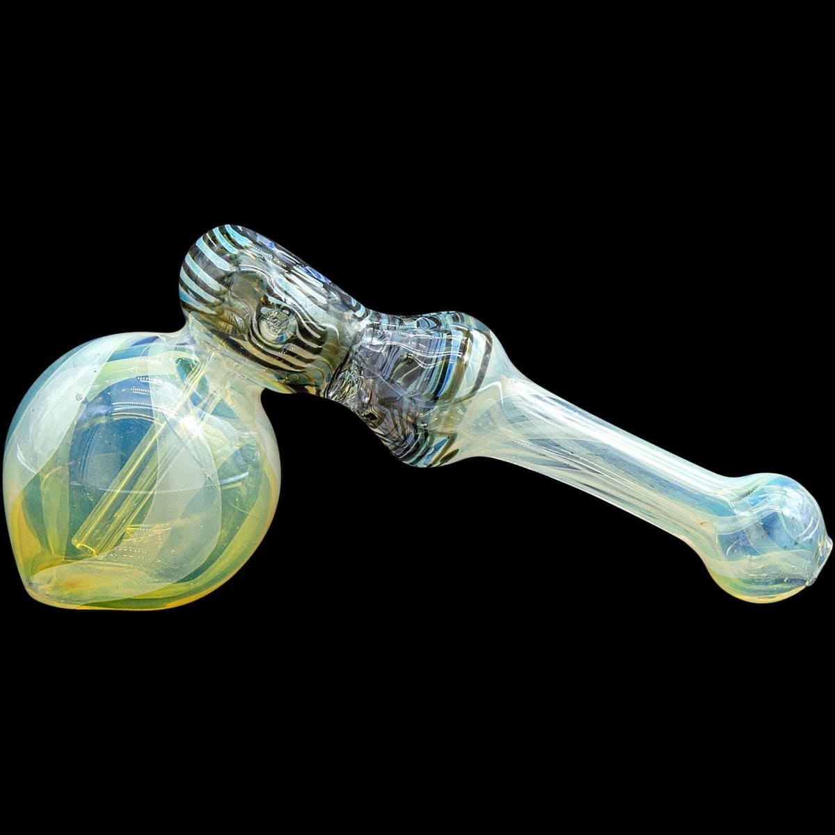 A three-quarter view of the “Raked Hammer” Fumed Hammer Bubbler Pipe, showcasing its colorful, textured glass design against a black background.