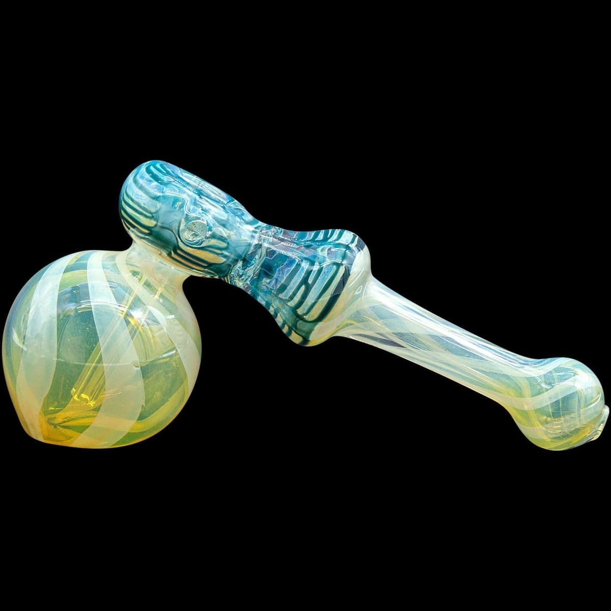 A three-quarter view of the “Raked Hammer” Fumed Hammer Bubbler Pipe, displaying colorful swirls within the clear glass.