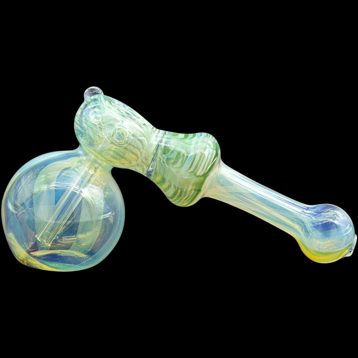 A side view of the “Raked Hammer” Fumed Hammer Bubbler Pipe, showing its swirling, colorful glass design.