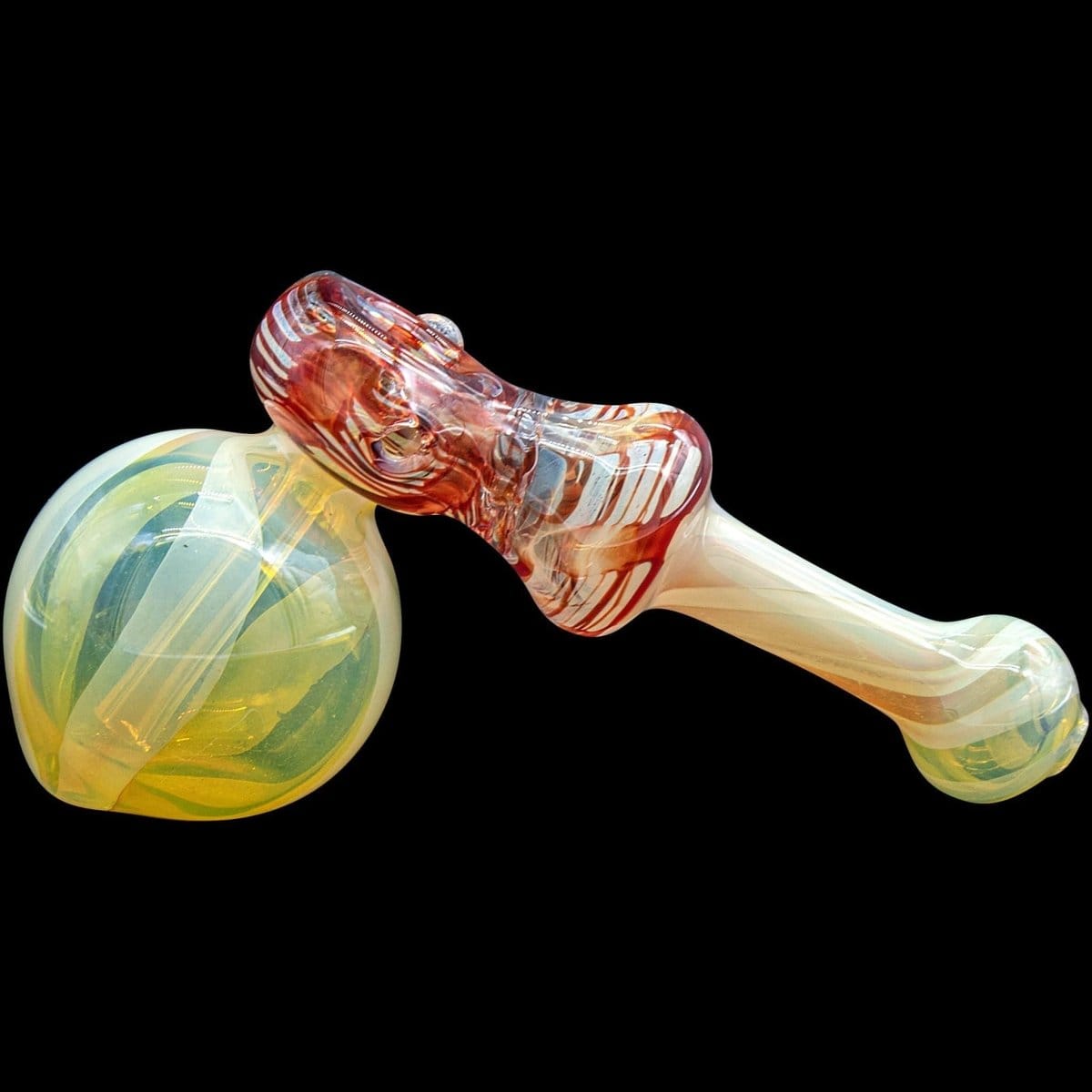 A three-quarter view of the “Raked Hammer” Fumed Hammer Bubbler Pipe, showcasing its colorful glass and curved design against a dark background.