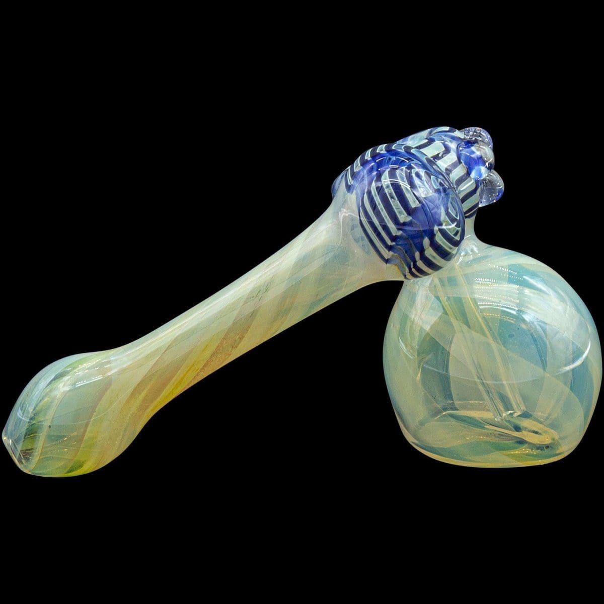 A side view of the “Raked Sidecar” Fumed Sidecar Bubbler Pipe, showcasing its colorful glass swirl and curved design.