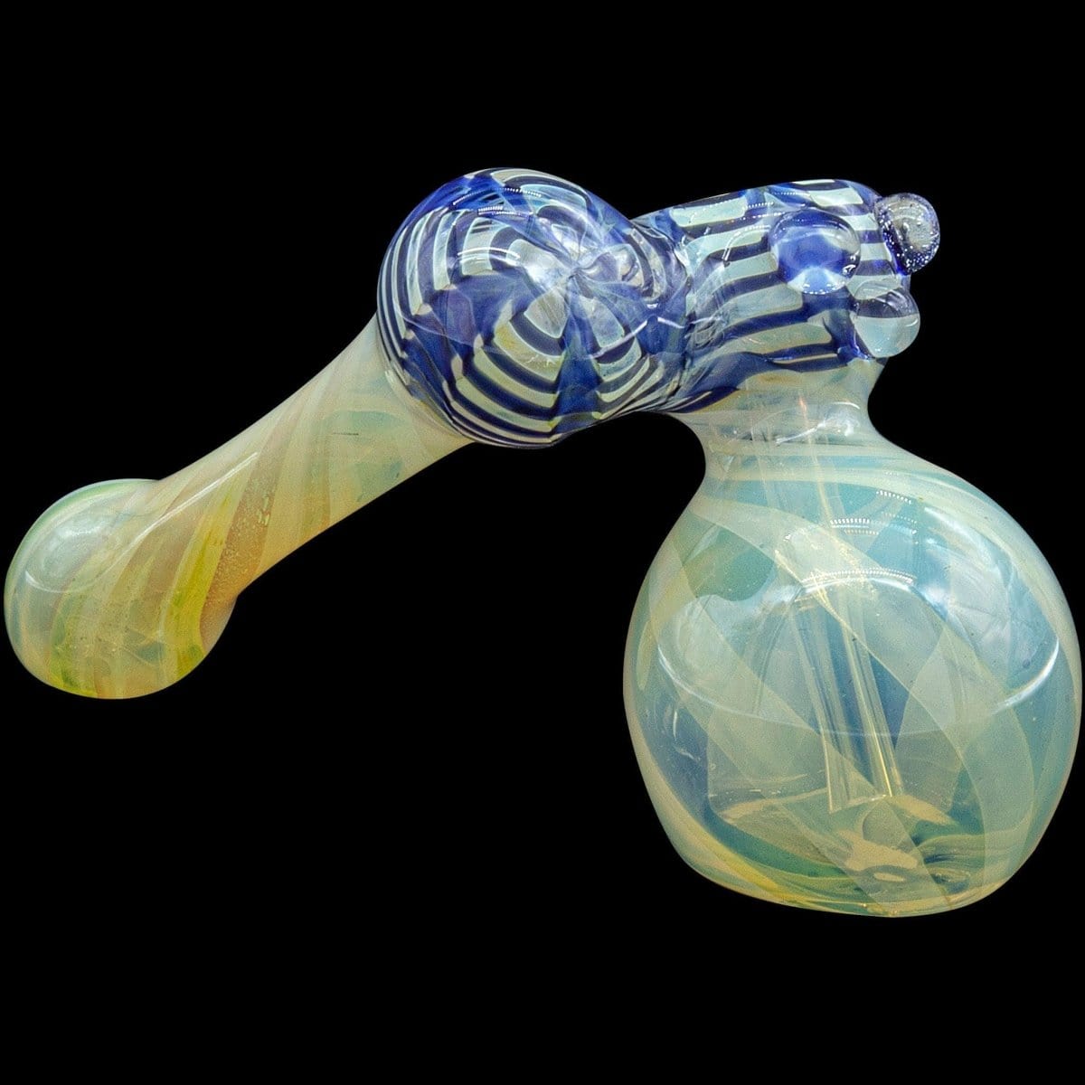 A studio shot displays the “Raked Sidecar” Fumed Sidecar Bubbler Pipe, showing its vibrant blue and clear glass swirls in a side view.