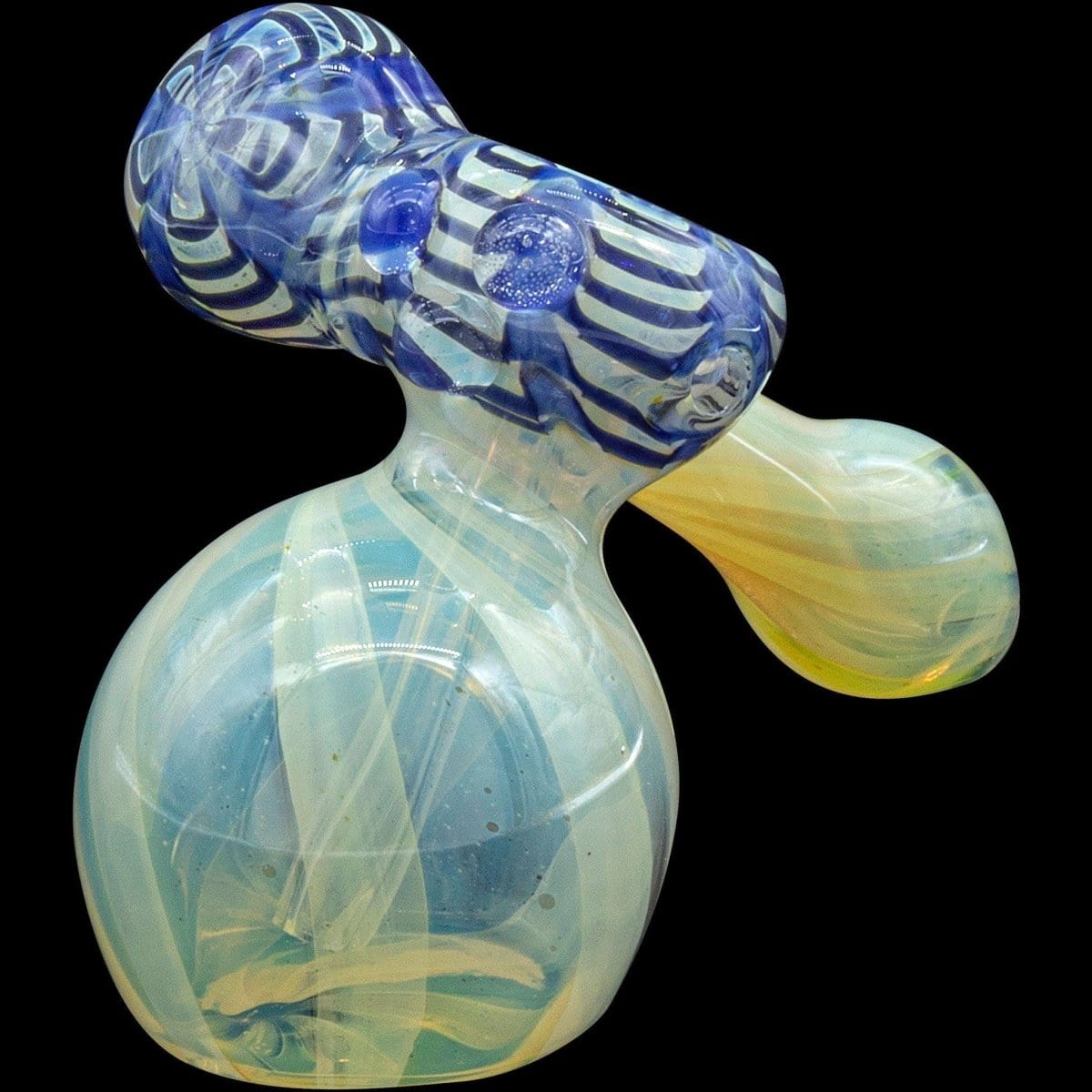 A three-quarter view of the “Raked Sidecar” Fumed Sidecar Bubbler Pipe, showing its colorful, raked glass design against a dark background.