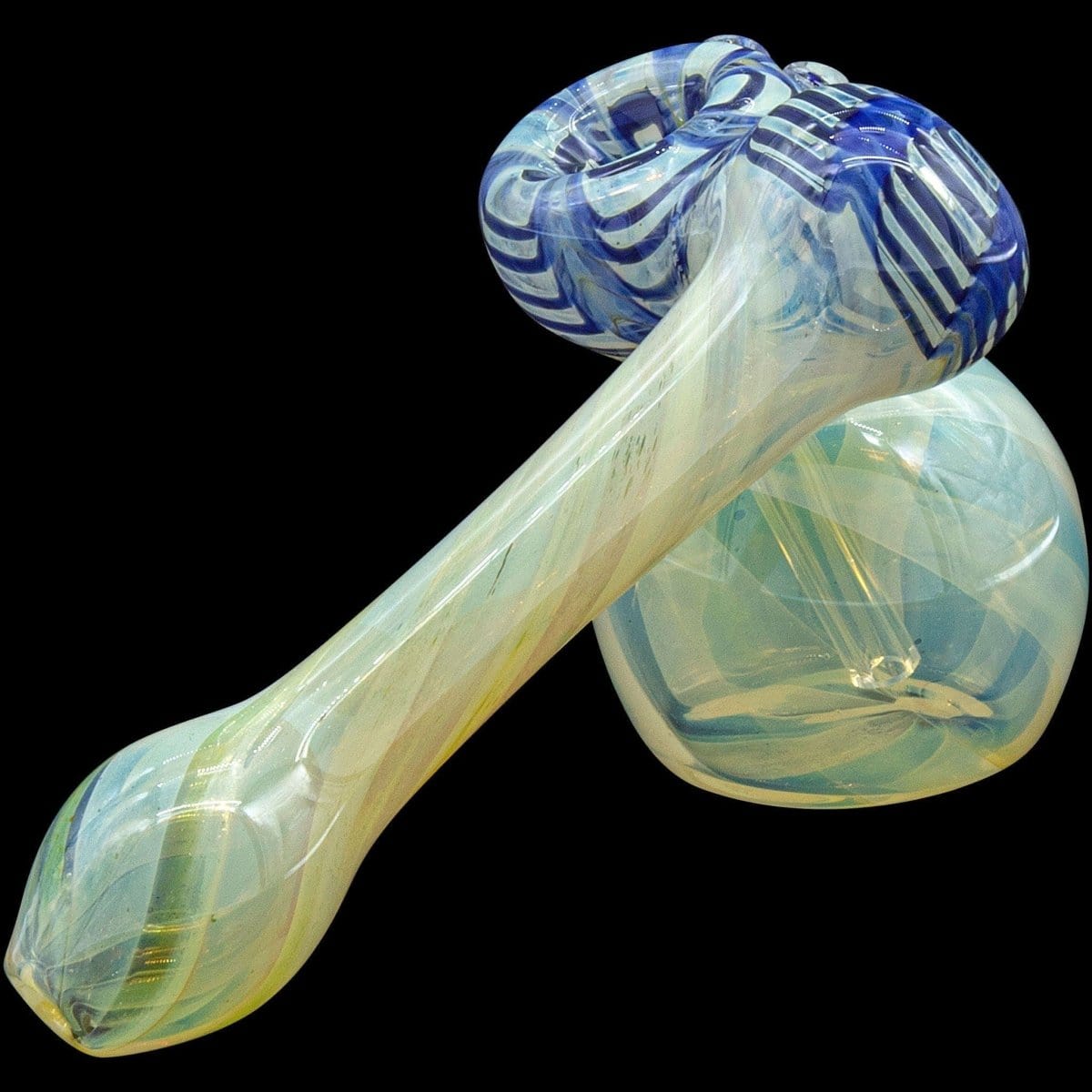 A close-up, angled view of the “Raked Sidecar” Fumed Sidecar Bubbler Pipe, showcasing its vibrant, colorful glass swirl pattern.