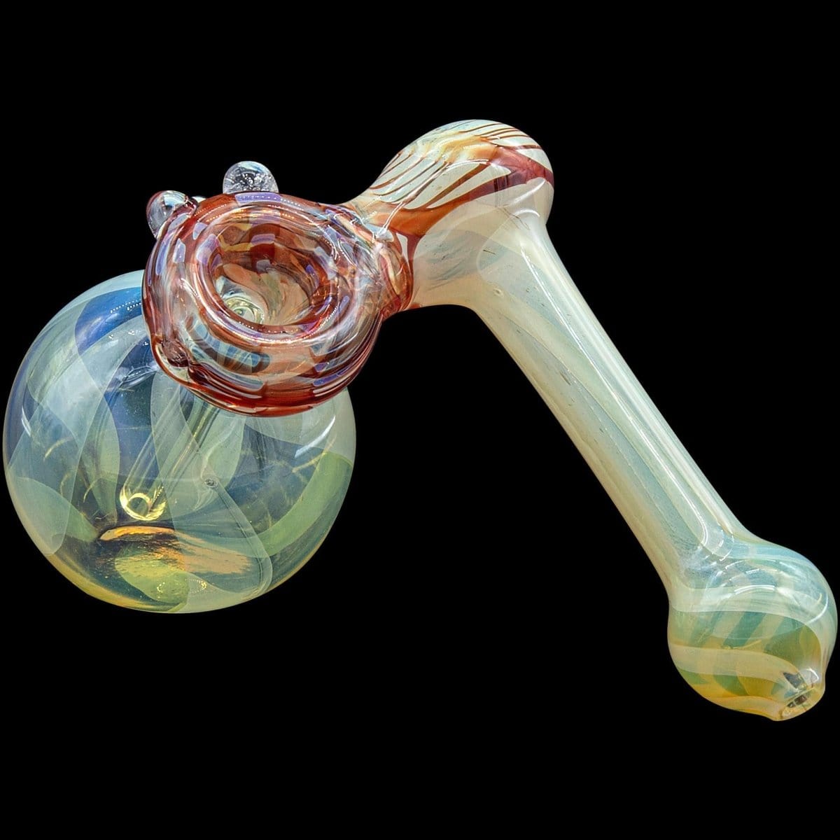 A three-quarter view of the “Raked Sidecar” Fumed Sidecar Bubbler Pipe, showing the colorful glass and unique raked design.
