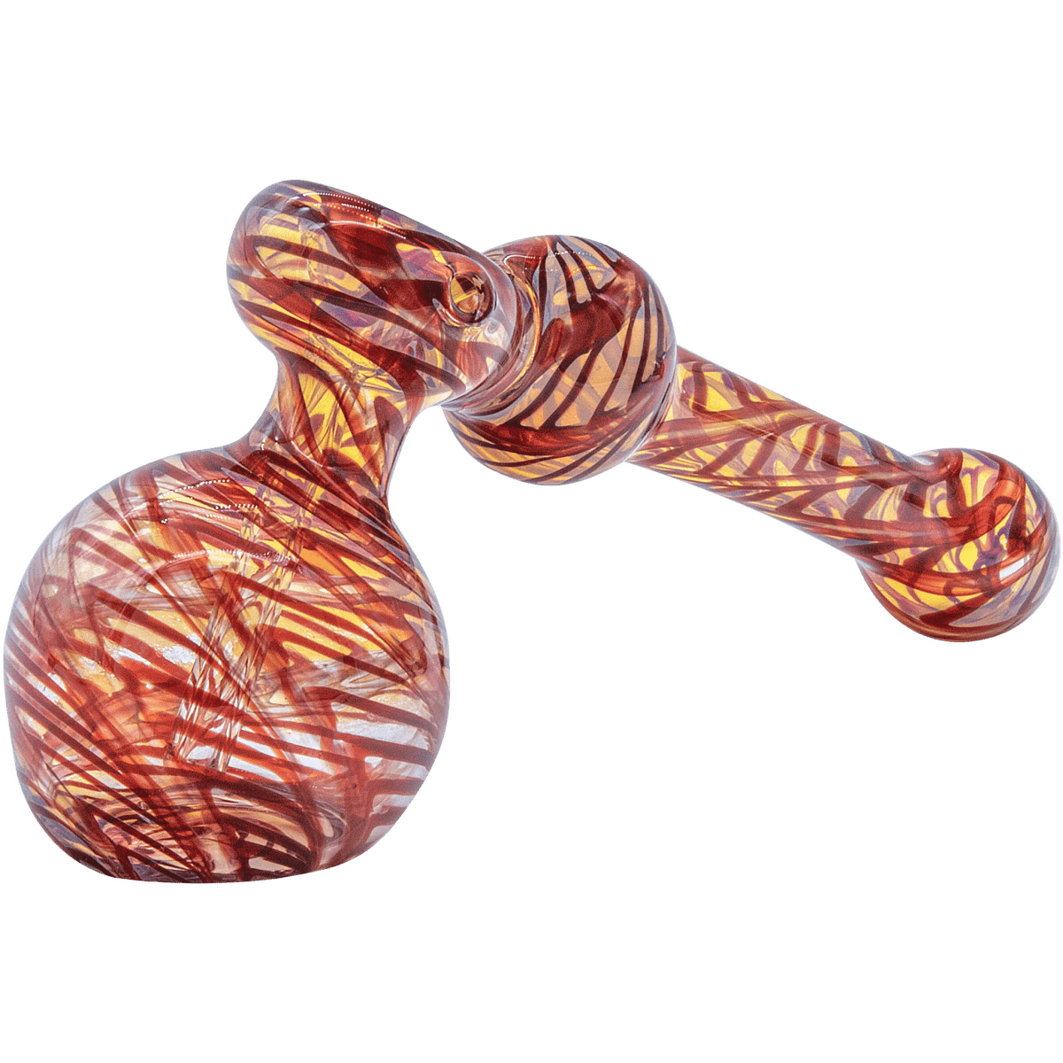 A side view of the “Full Rake” Fumed Hammer Bubbler Pipe, featuring swirling fumed glass in shades of amber and brown.