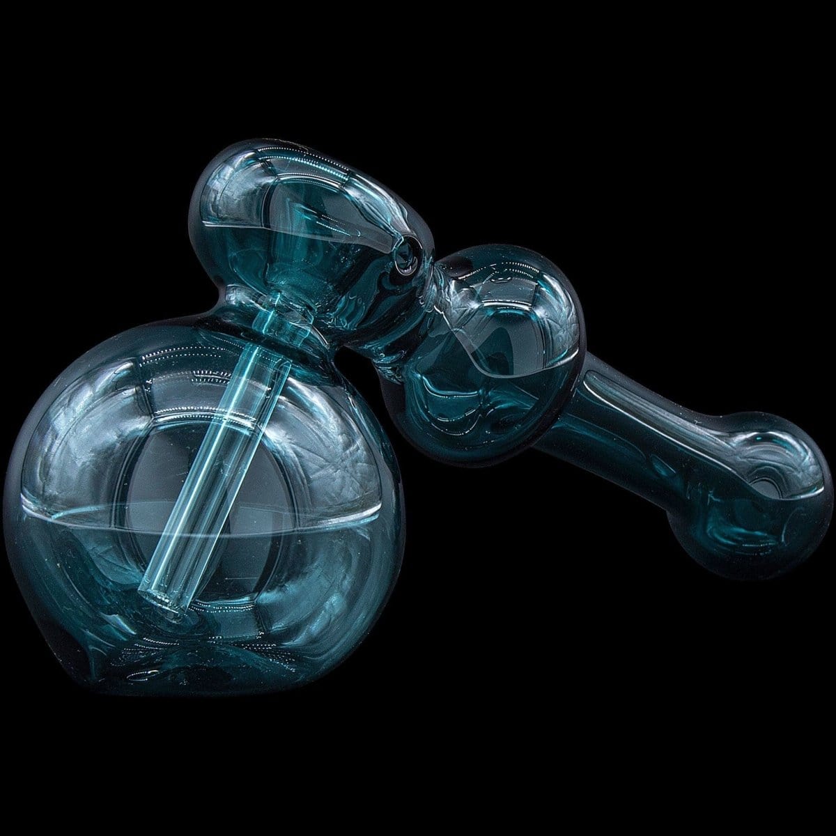 A detailed view of the “Glass Hammer” Glass Hammer Bubbler Pipe with a curved form and clear glass construction.