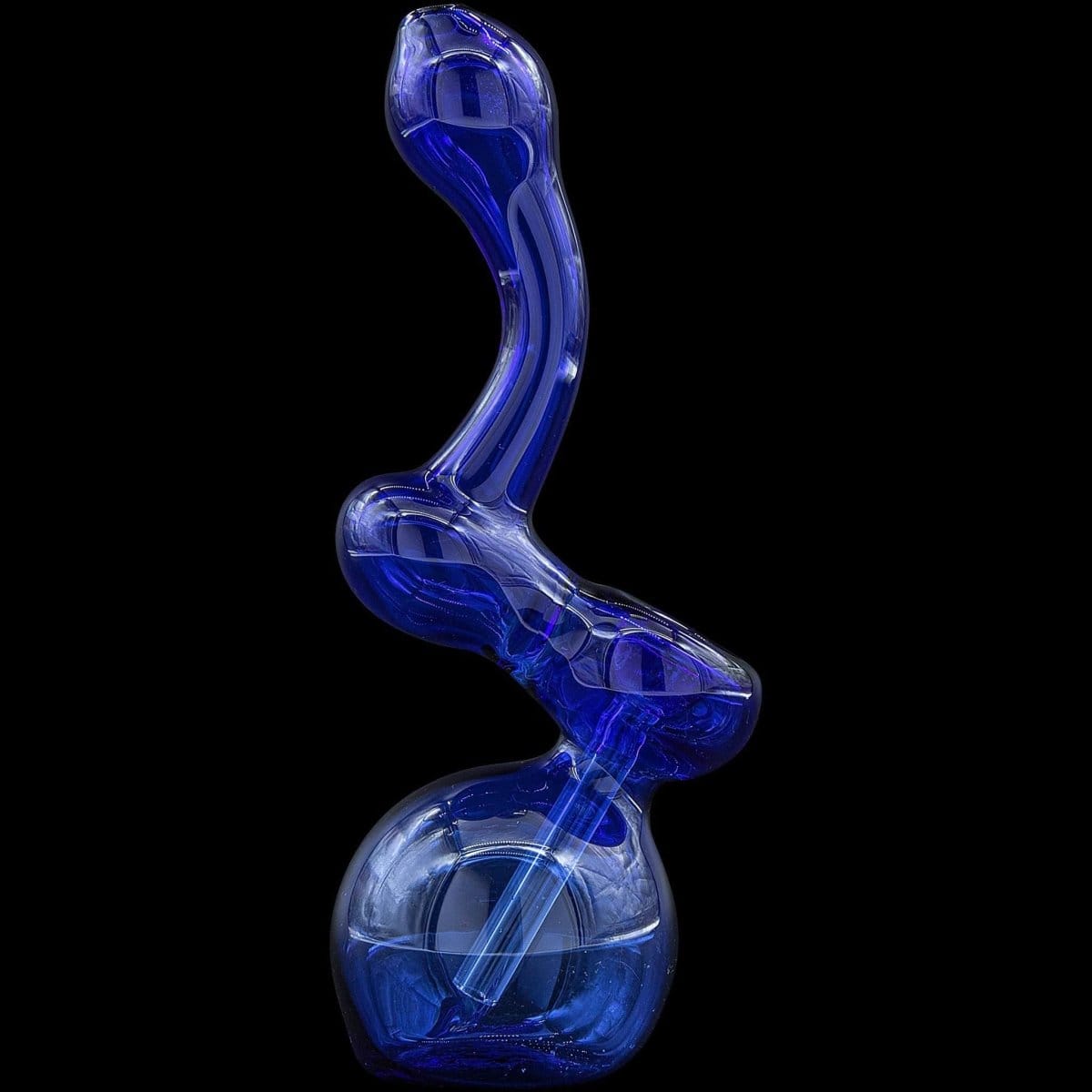 A detailed side view of the “Sherbub” Glass Sherlock Bubbler Pipe, showcasing its curved design in blue glass.