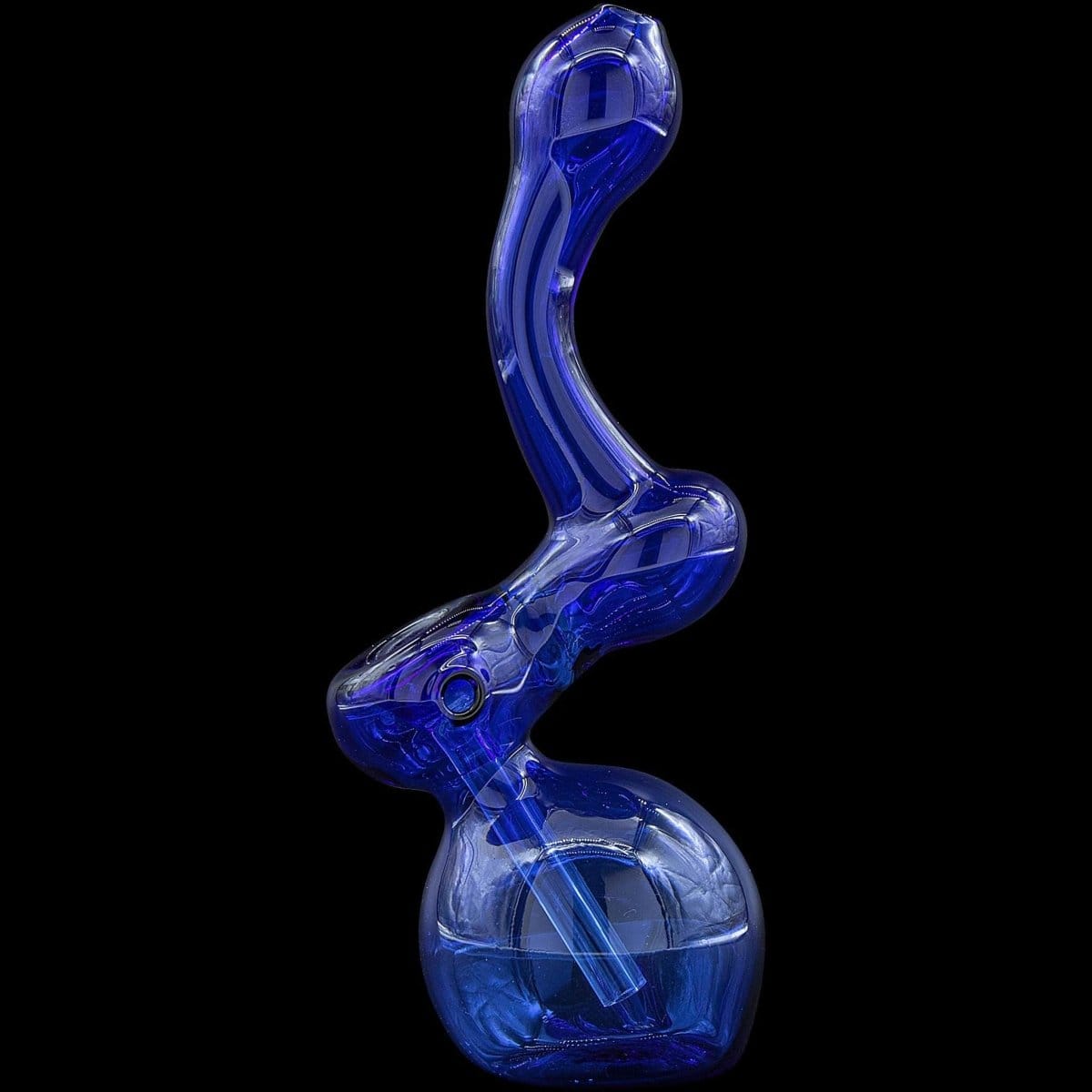 A front view of the "Sherbub" Glass Sherlock Bubbler Pipe, displaying a blue glass pipe with a curved design.