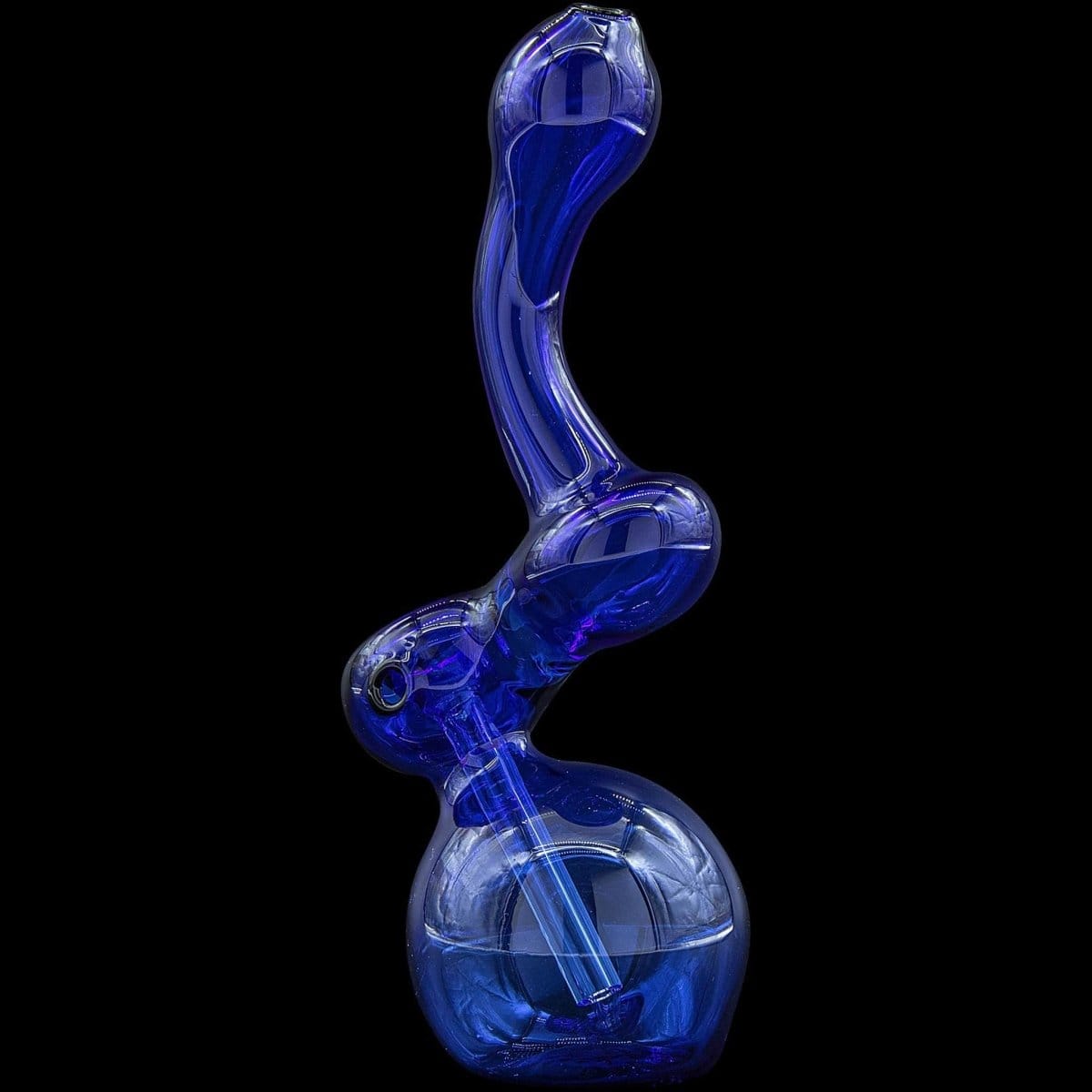 A side view of the blue “Sherbub” Glass Sherlock Bubbler Pipe, showcasing its curved neck and clear glass construction.