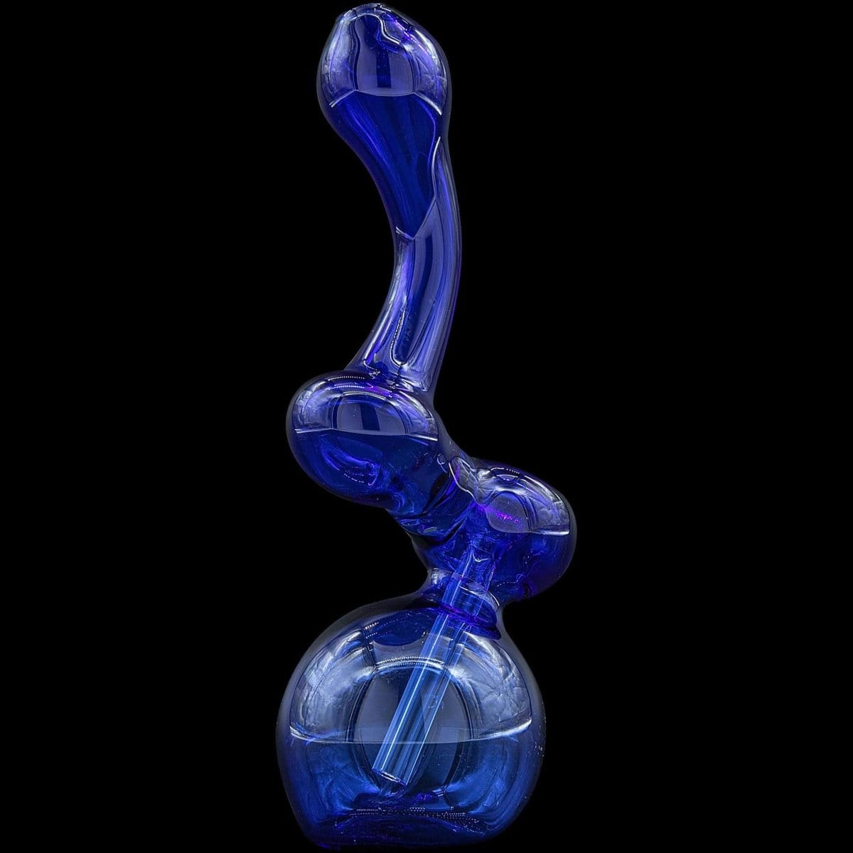 A front view of the vibrant blue “Sherbub” Glass Sherlock Bubbler Pipe, showcasing its curved neck and glass construction.