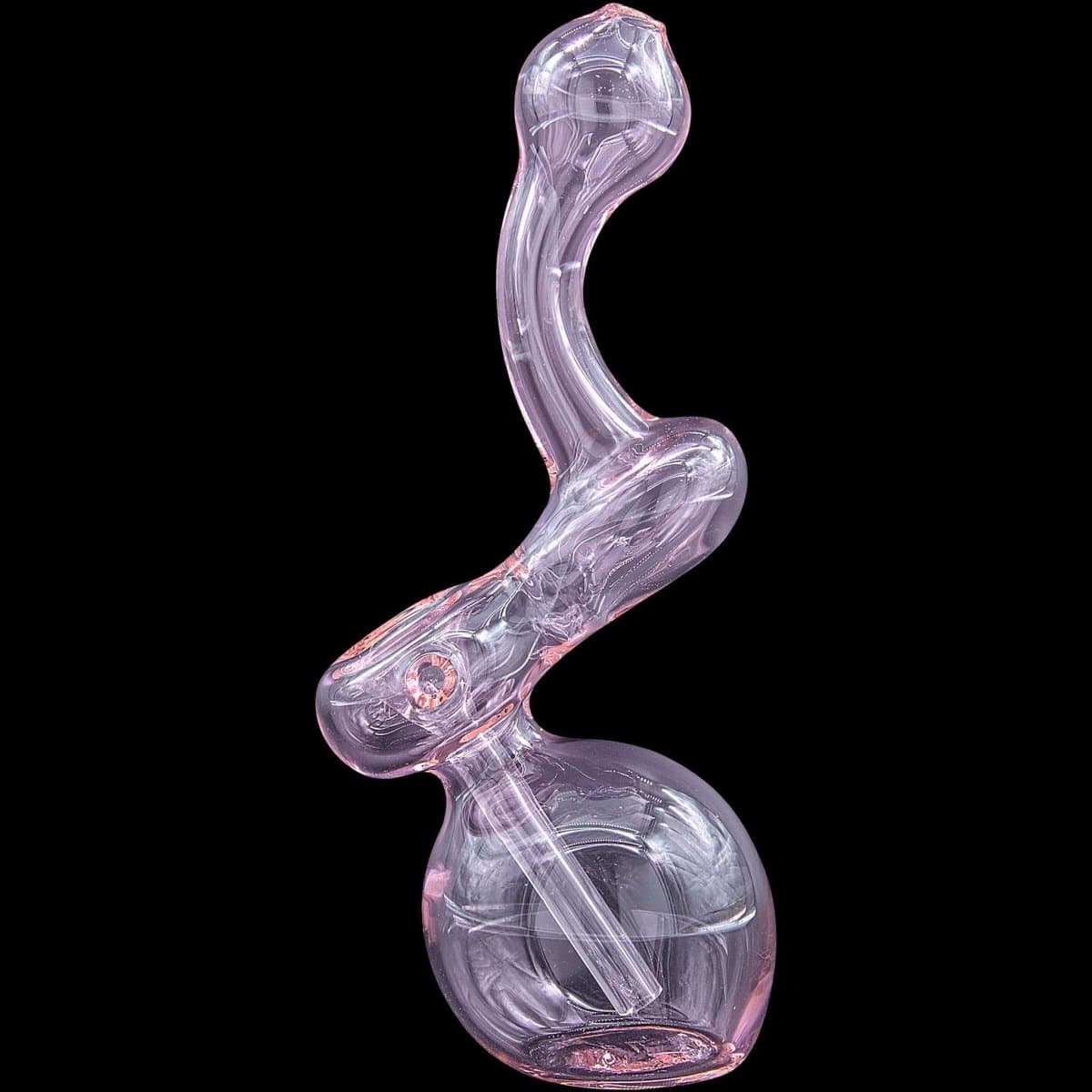 A three-quarter view of the “Sherbub” Glass Sherlock Bubbler Pipe, showcasing its curved form and clear glass construction.