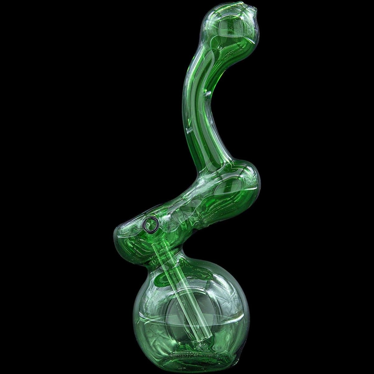 A side view of the “Sherbub” Glass Sherlock Bubbler Pipe, showcasing its curved design and clear glass construction against a dark background.