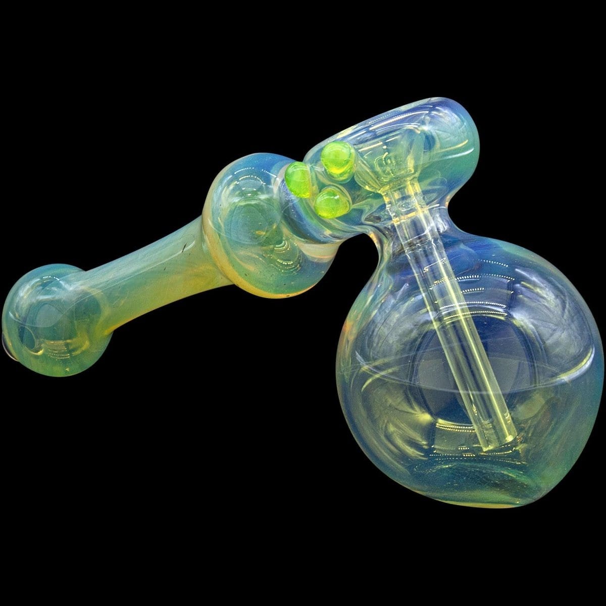 A close-up, angled view of the “Silver Hammer” Fumed Hammer Bubbler Pipe, showcasing its colorful glass and rounded form.