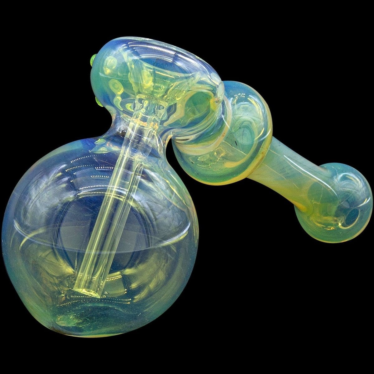 A close-up, angled view of the “Silver Hammer” Fumed Hammer Bubbler Pipe, showcasing its colorful glass and rounded form.