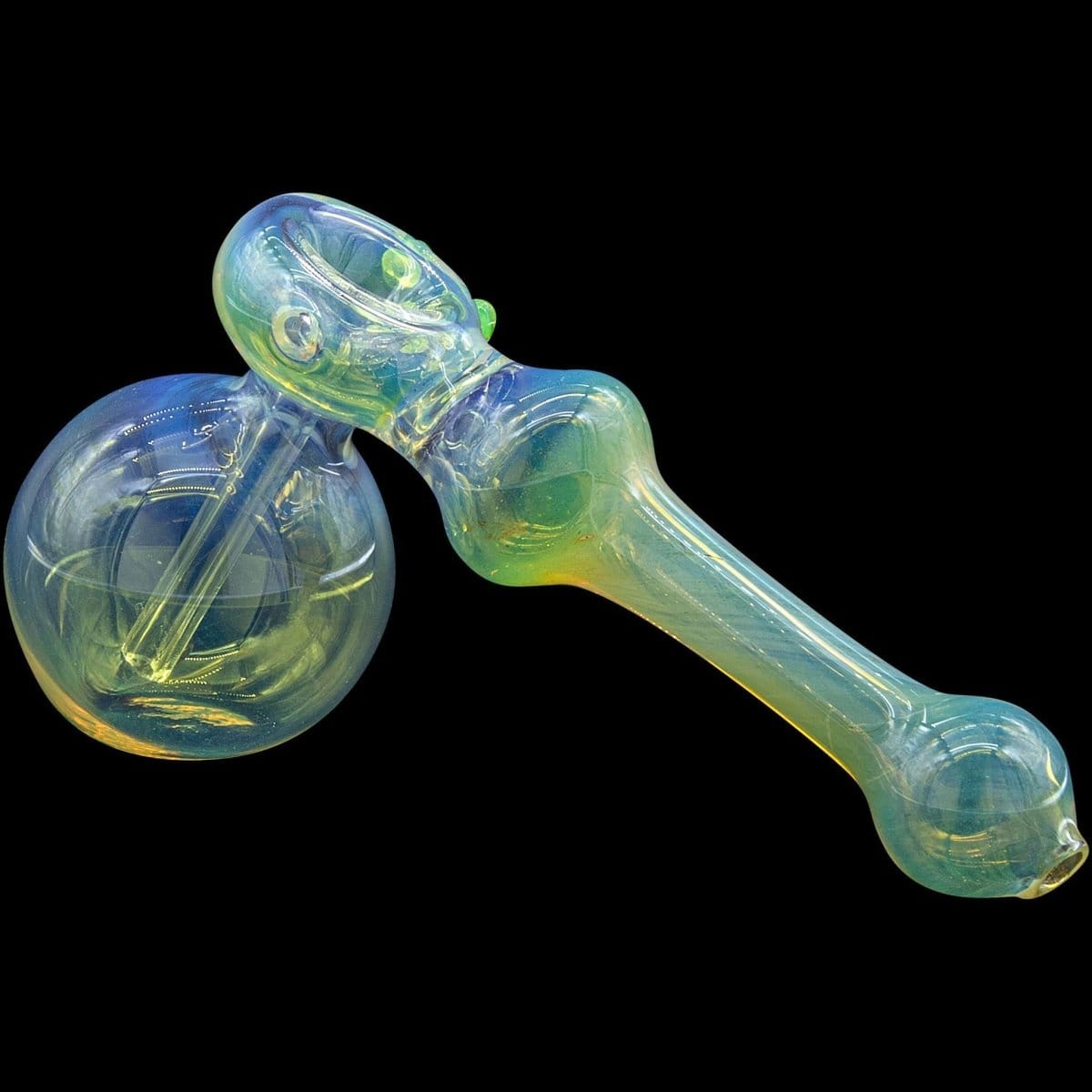 A three-quarter view of the “Silver Hammer” Fumed Hammer Bubbler Pipe, showcasing its colorful glass and curved design against a dark background.