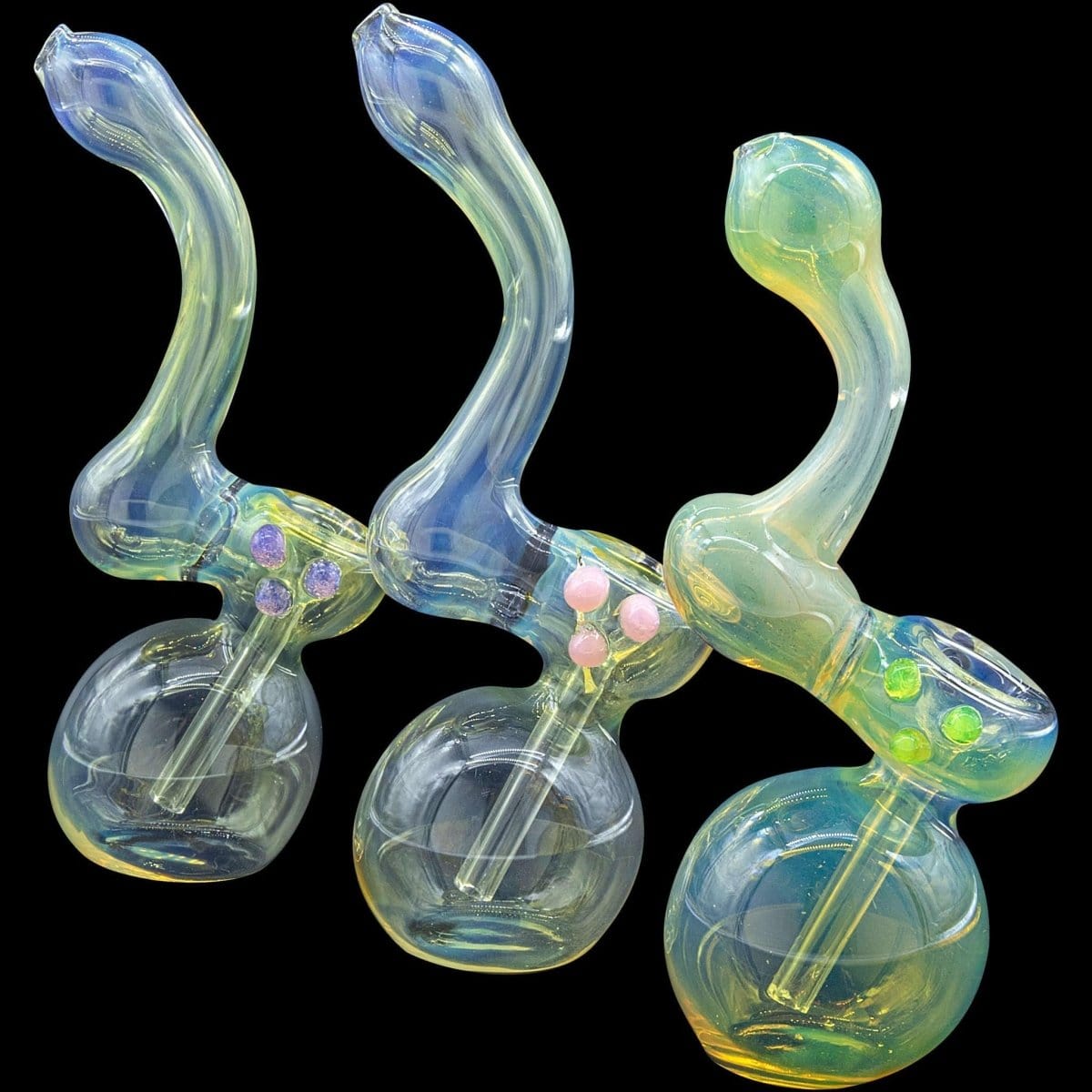 A front view of the “Silver Sherlock” Fumed Sherlock Bubbler Pipe, showcasing its colorful glass and curved design against a dark background.