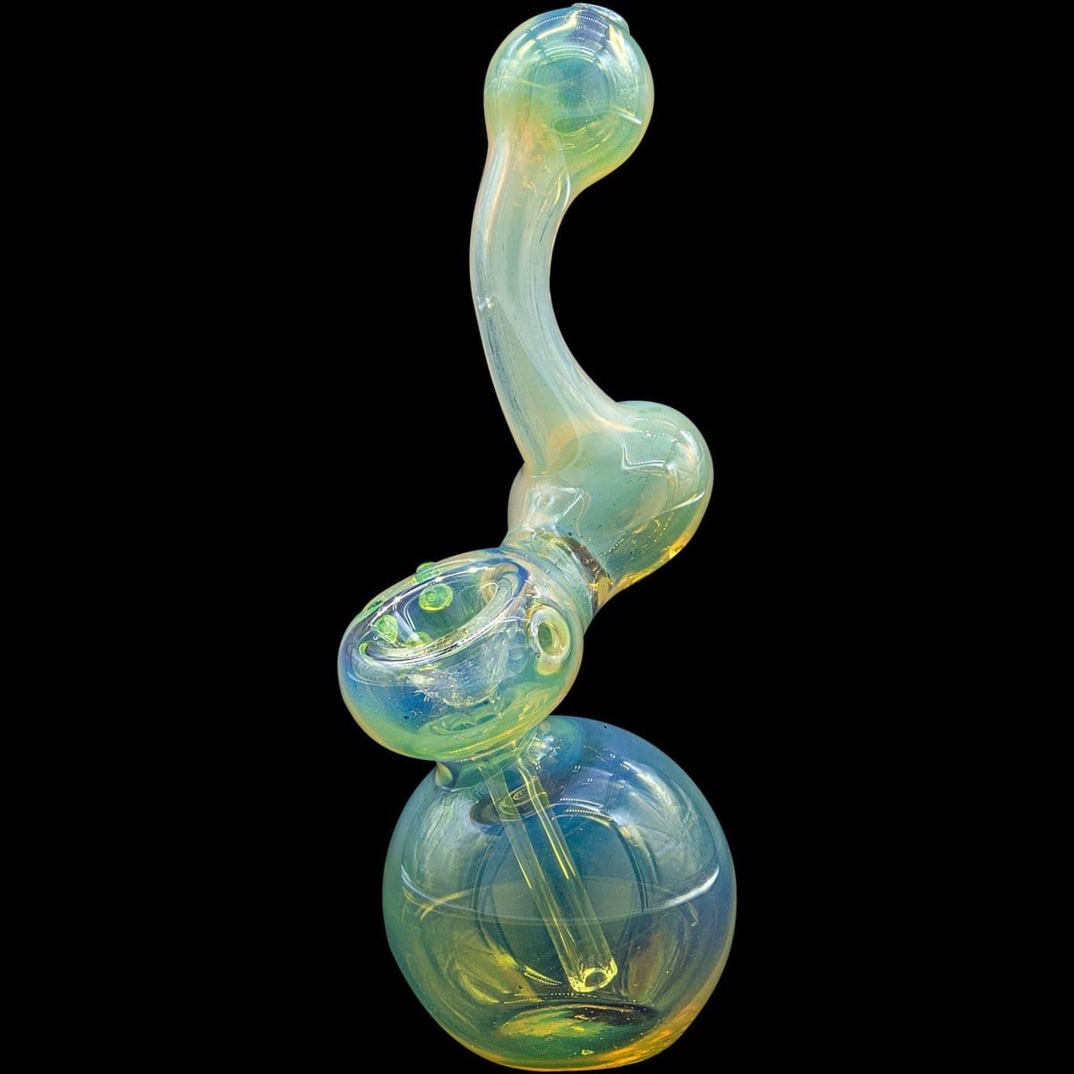 A close-up, angled view of the “Silver Sherlock” Fumed Sherlock Bubbler Pipe, showing its colorful glass and curved design.