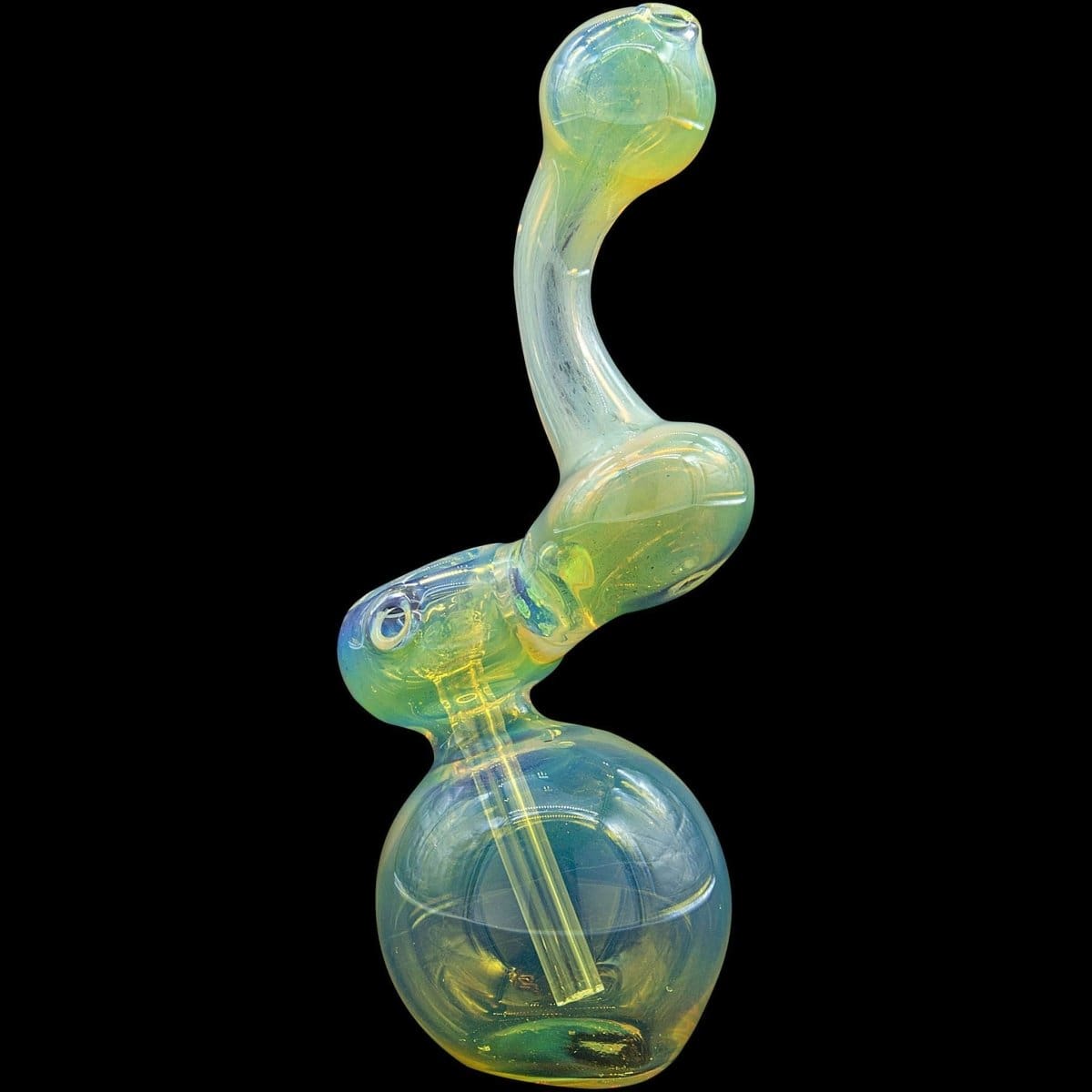 A close-up, angled view of the “Silver Sherlock” Fumed Sherlock Bubbler Pipe, showcasing its colorful glass and curved design.