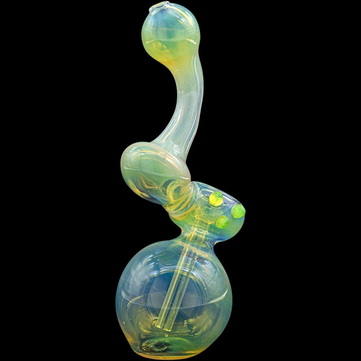 A side view of the “Silver Sherlock” Fumed Sherlock Bubbler Pipe, showcasing its curved form and colorful fume details.
