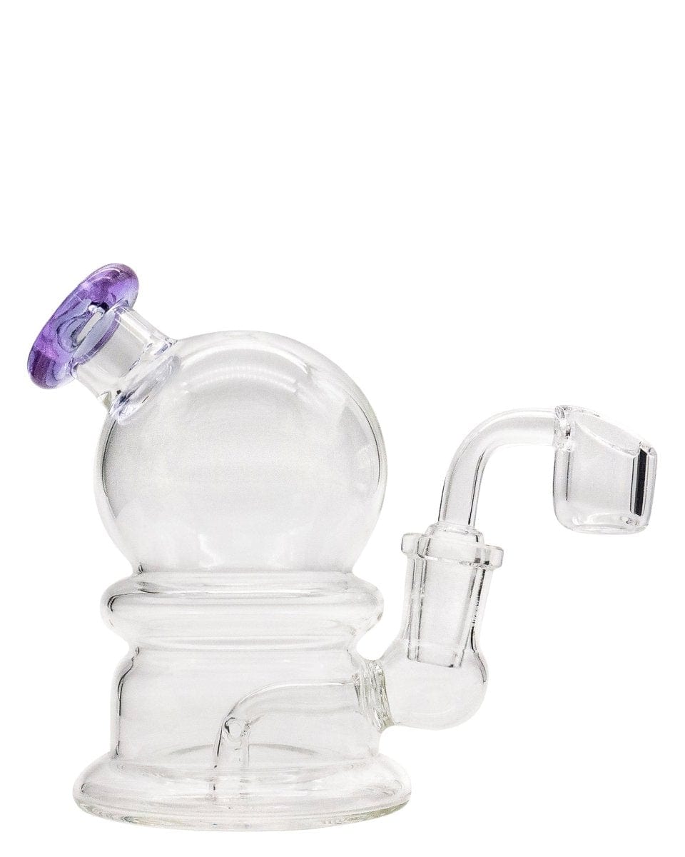 Front view of the Nano Globe Rig, a clear glass rig with a rounded globe shape and a simple joint visible at the top.