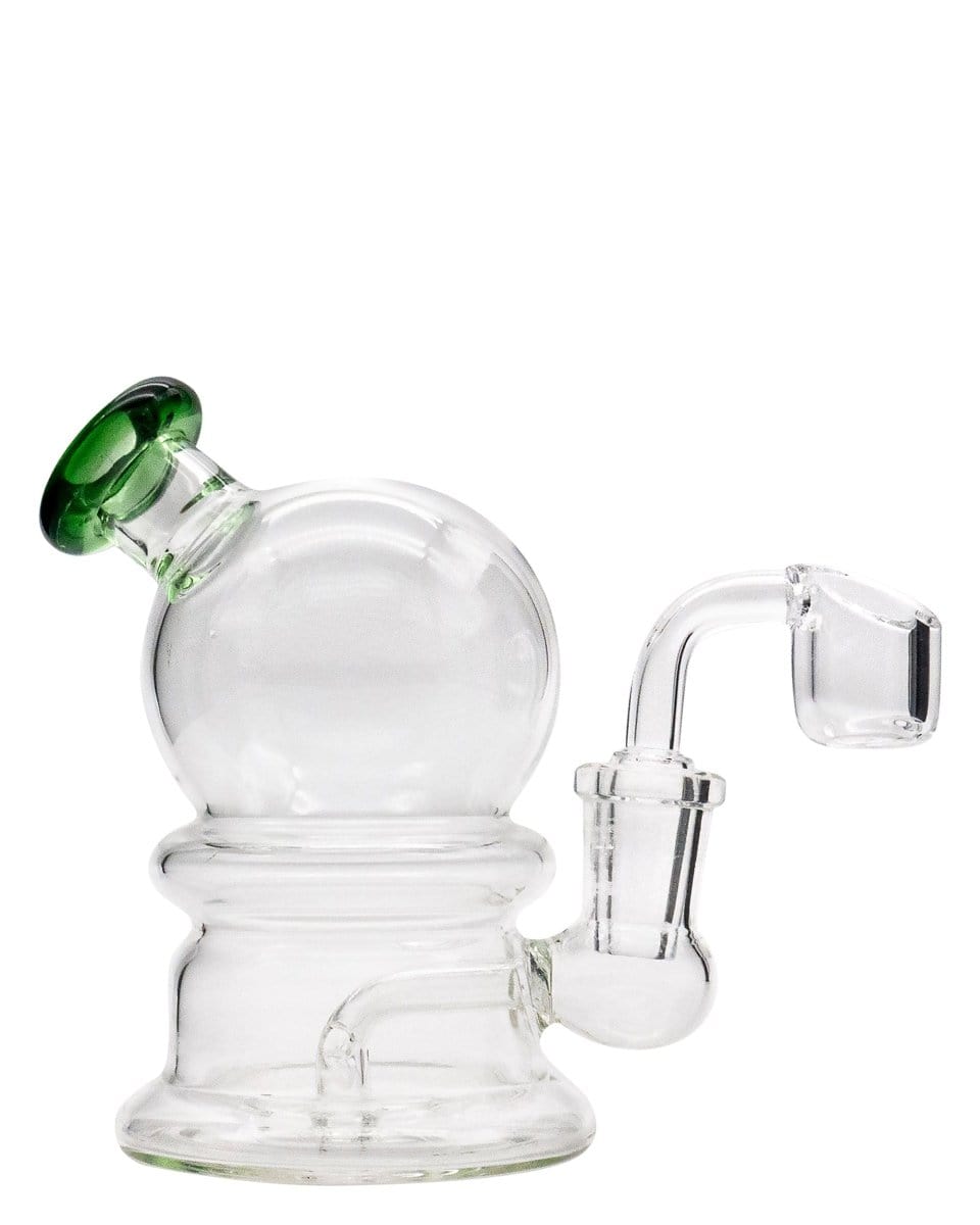 Front view of the Nano Globe Rig, a clear glass rig with a rounded base and angled neck, isolated on a white background.