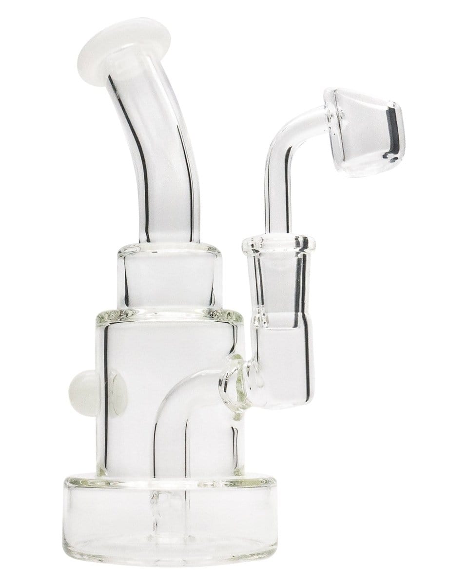 Front view of the Layer Cake Color Accented Dab Rig, a clear glass rig with colorful accents and a curved mouthpiece.