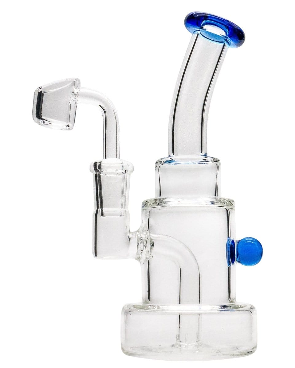 Front view of the Layer Cake Color Accented Dab Rig, showcasing its clear glass construction and colorful accents.