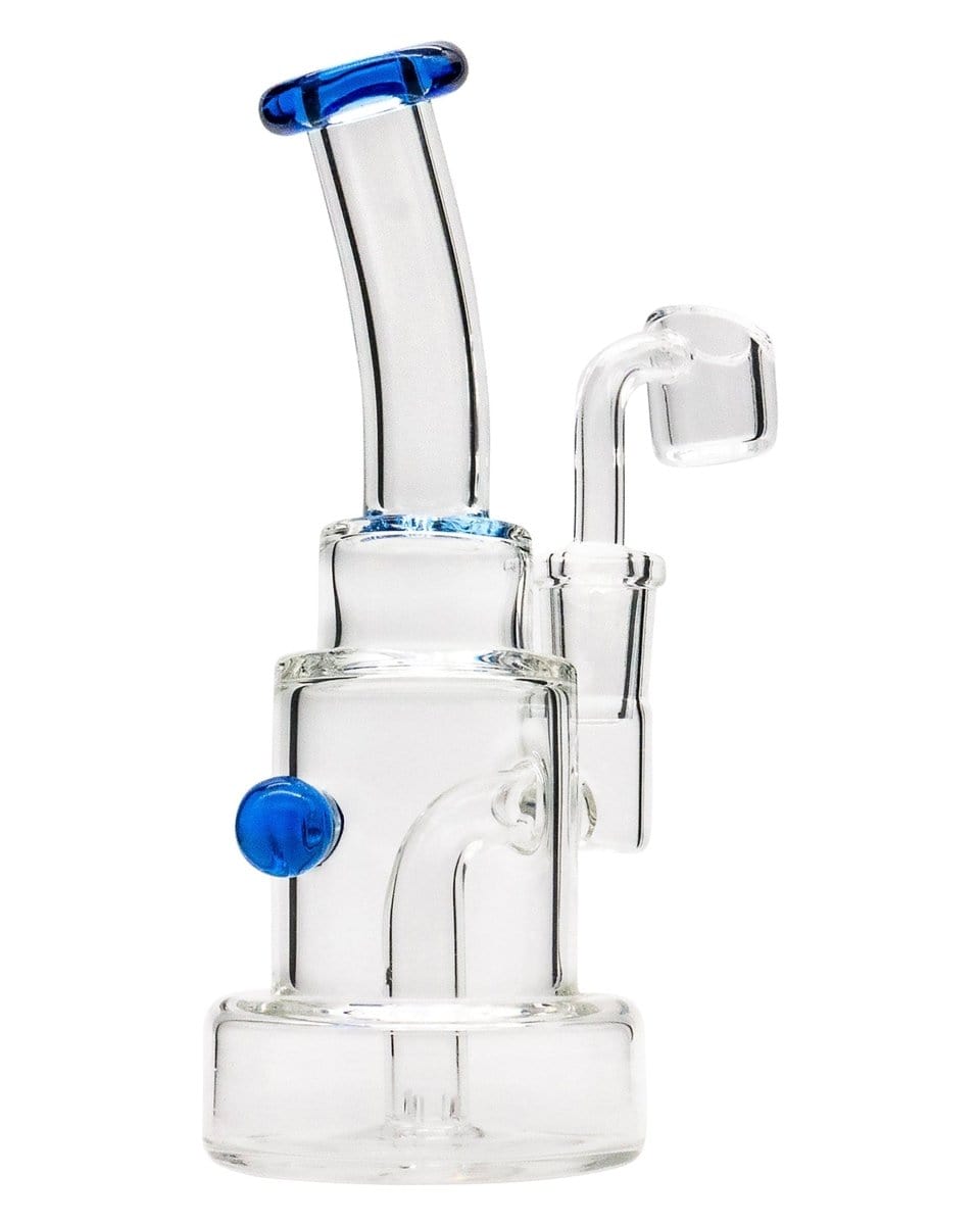 Front view of the Layer Cake Color Accented Dab Rig, showcasing its clear glass construction and colorful accents.