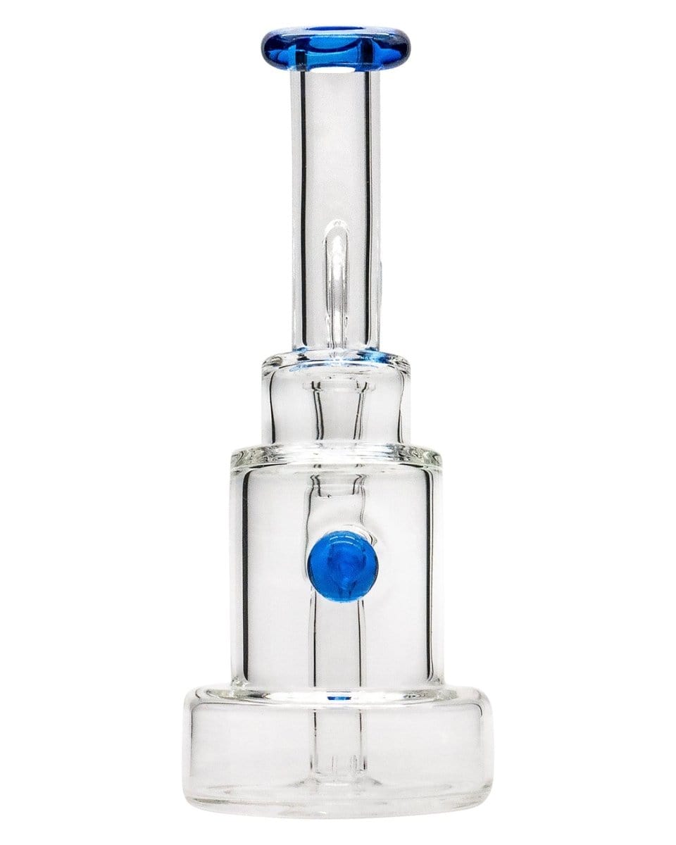 Front view of the Layer Cake Color Accented Dab Rig, showcasing its clear glass construction and blue accent detailing.