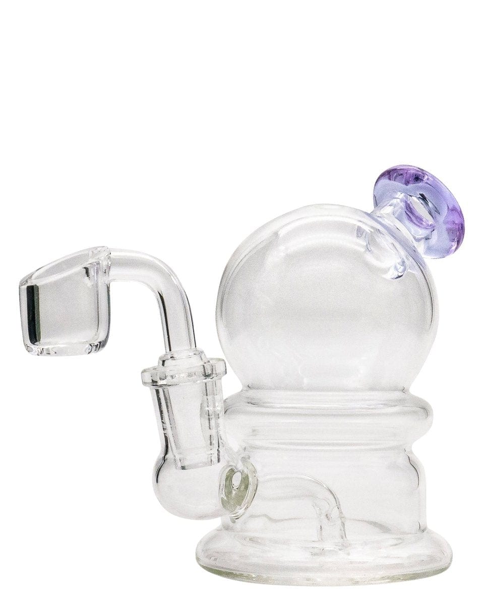 Front view of the Nano Globe Rig, a small, clear glass rig with a rounded base and angled joint.