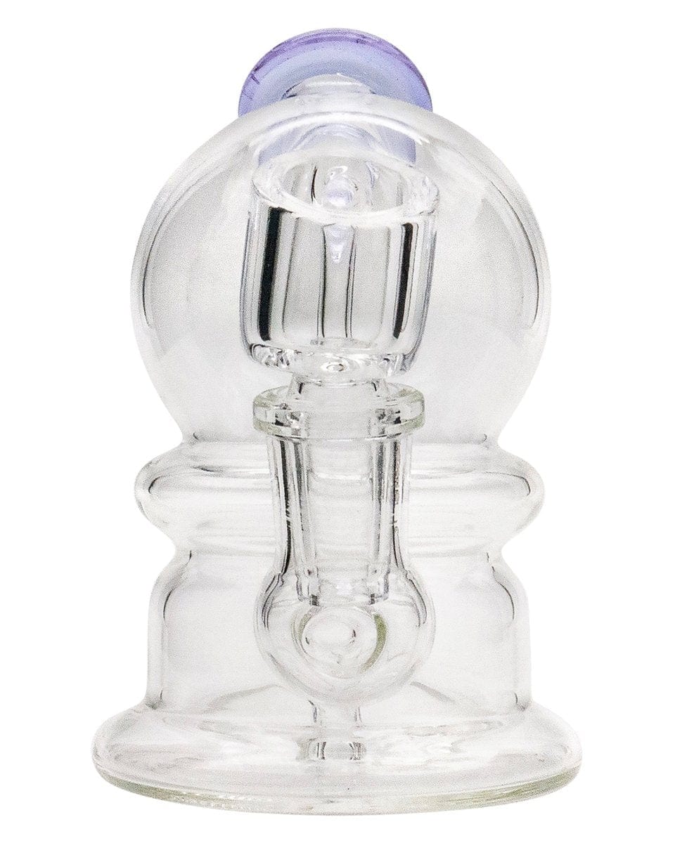 Front view of the Nano Globe Rig, a small, clear glass rig with a rounded base and a simple joint connection.